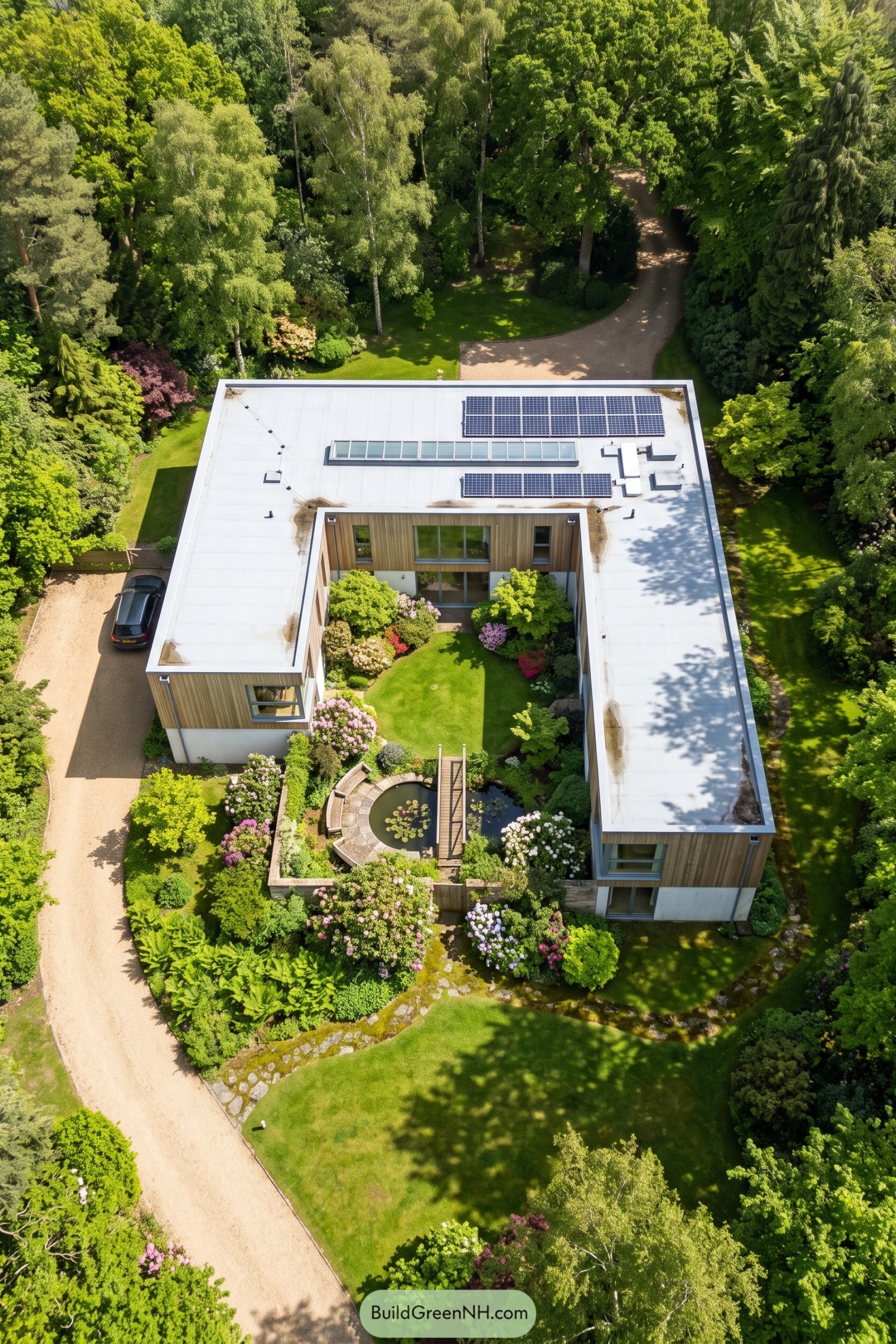 Aerial view of a timber villa enclosing a flowering courtyard with a lawn, lily pond, wooden footbridge and curved seating