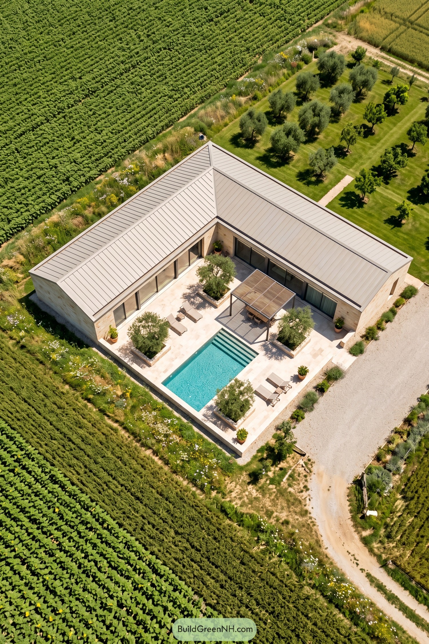 Aerial view of a stone villa with a pool courtyard, olive trees and slatted pergola surrounded by vineyards
