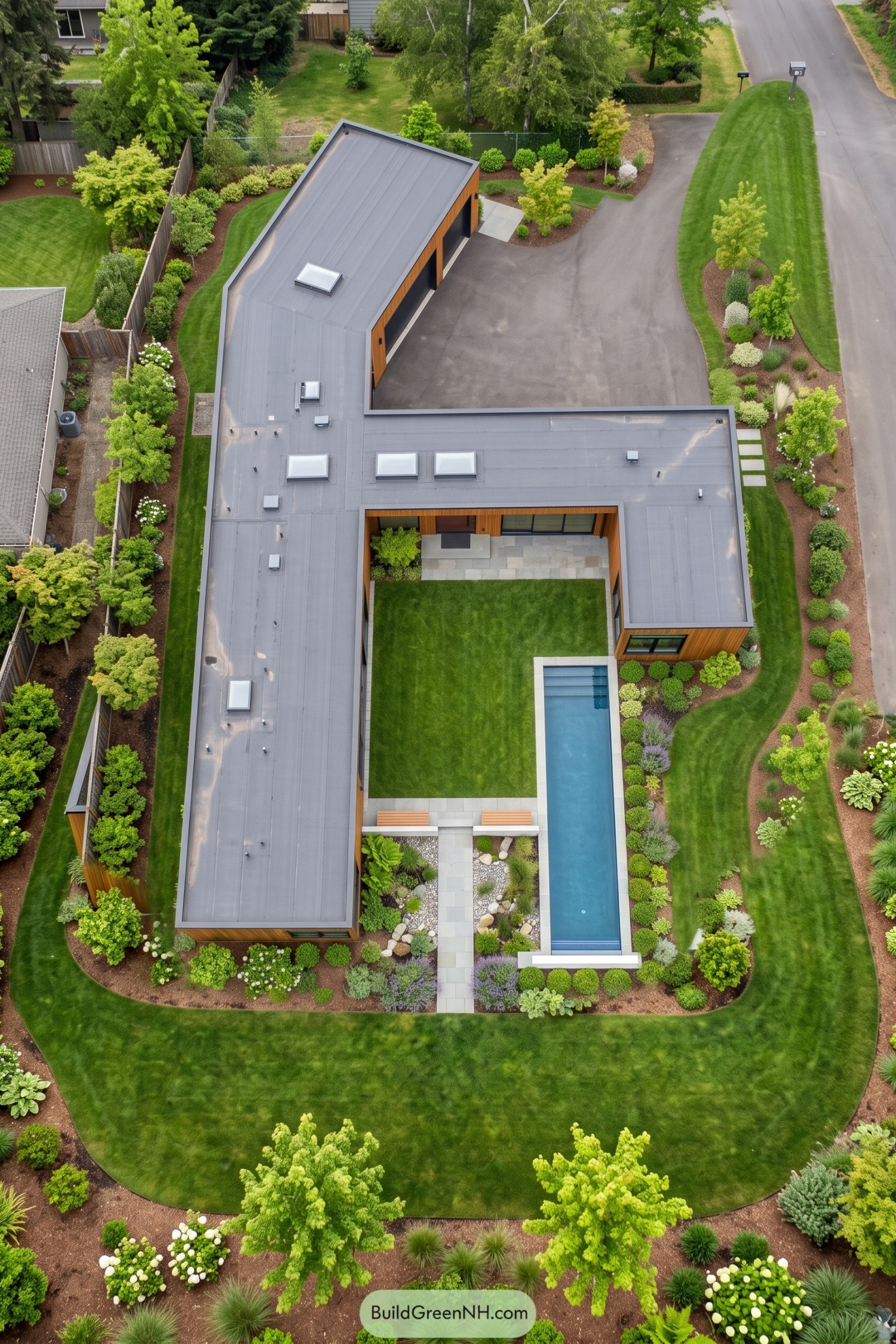 Aerial view of a timber-clad villa wrapping a lawn courtyard beside a narrow pool and landscaped gardens