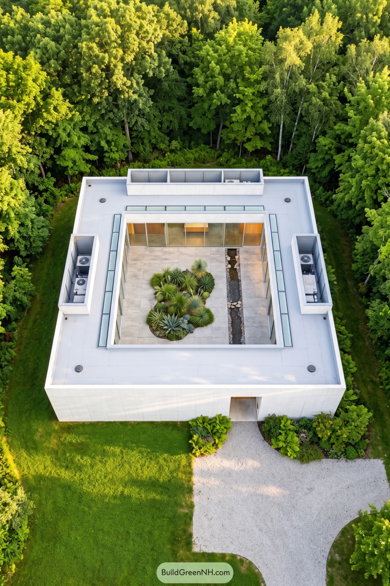 Aerial view of a square concrete villa enclosing a glazed courtyard with sculptural planting and a narrow stone channel