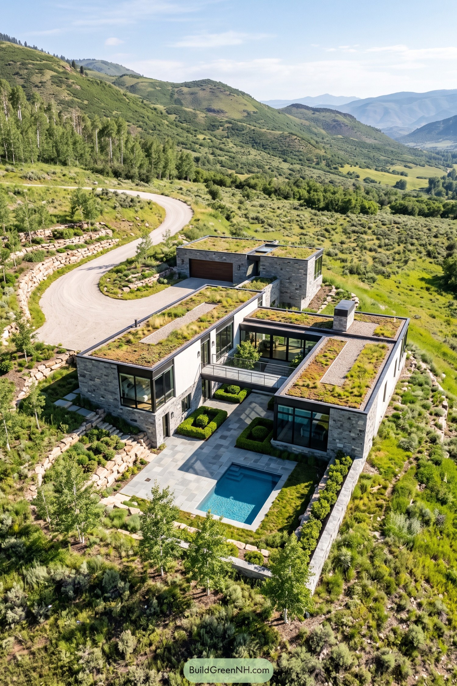 Stone villa with planted roofs and an elevated courtyard bridge overlooking a rectangular pool in a mountain landscape