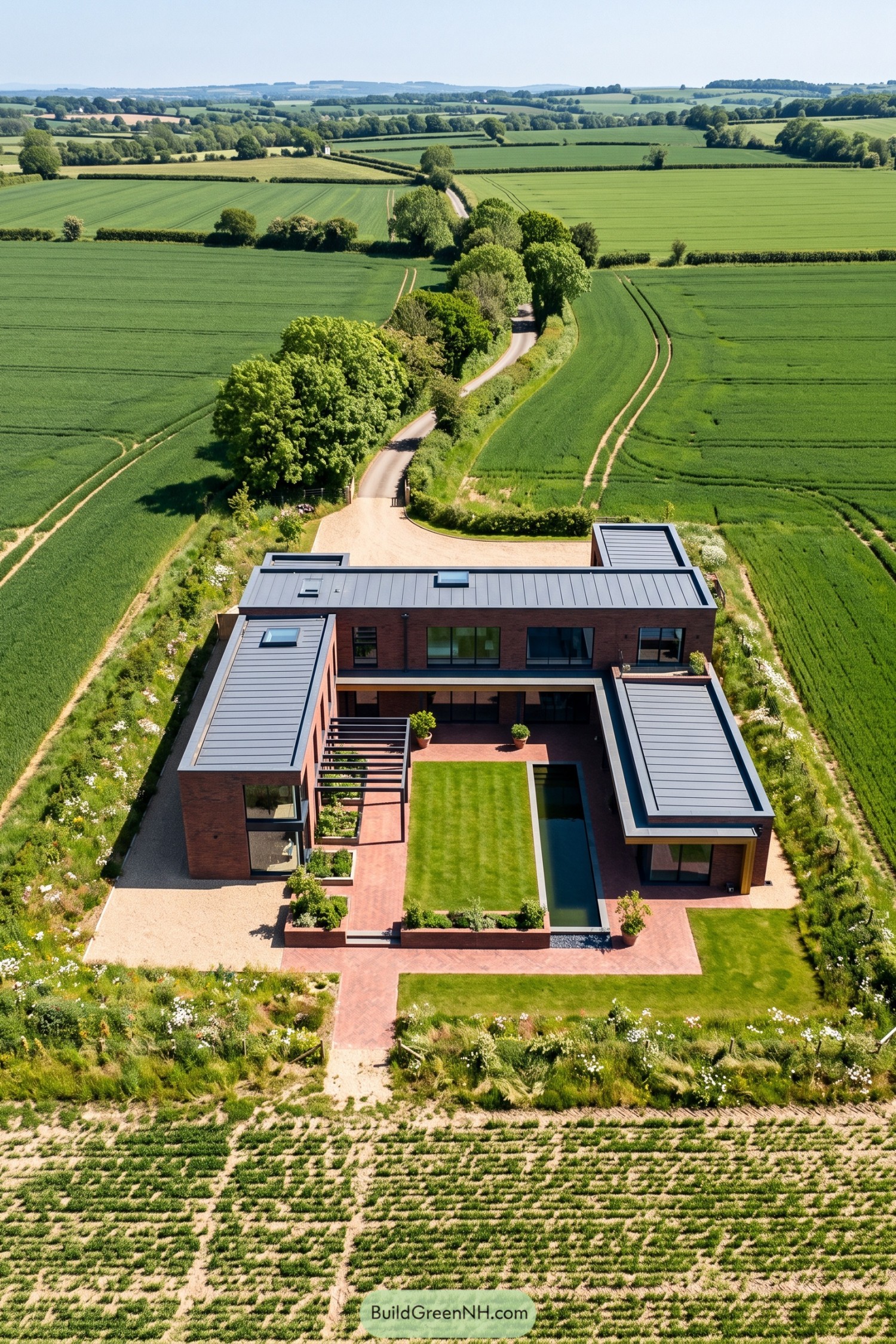 Aerial view of a brick courtyard villa with gray metal roofs, a central lawn, pergola, and narrow pool amid farmland