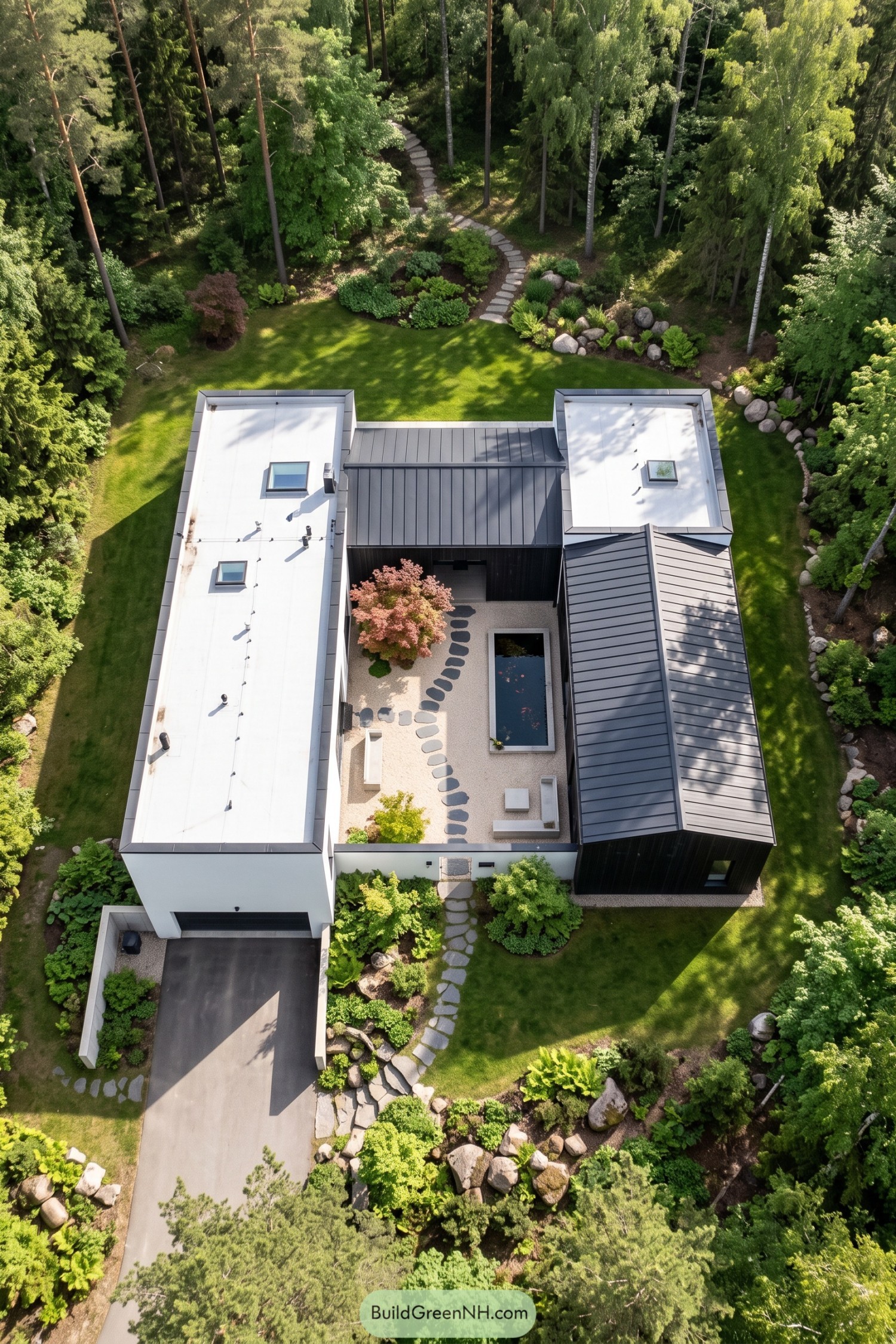 Aerial view of a forest villa enclosing a gravel courtyard with stepping stones, a rectangular pond, and built-in seating