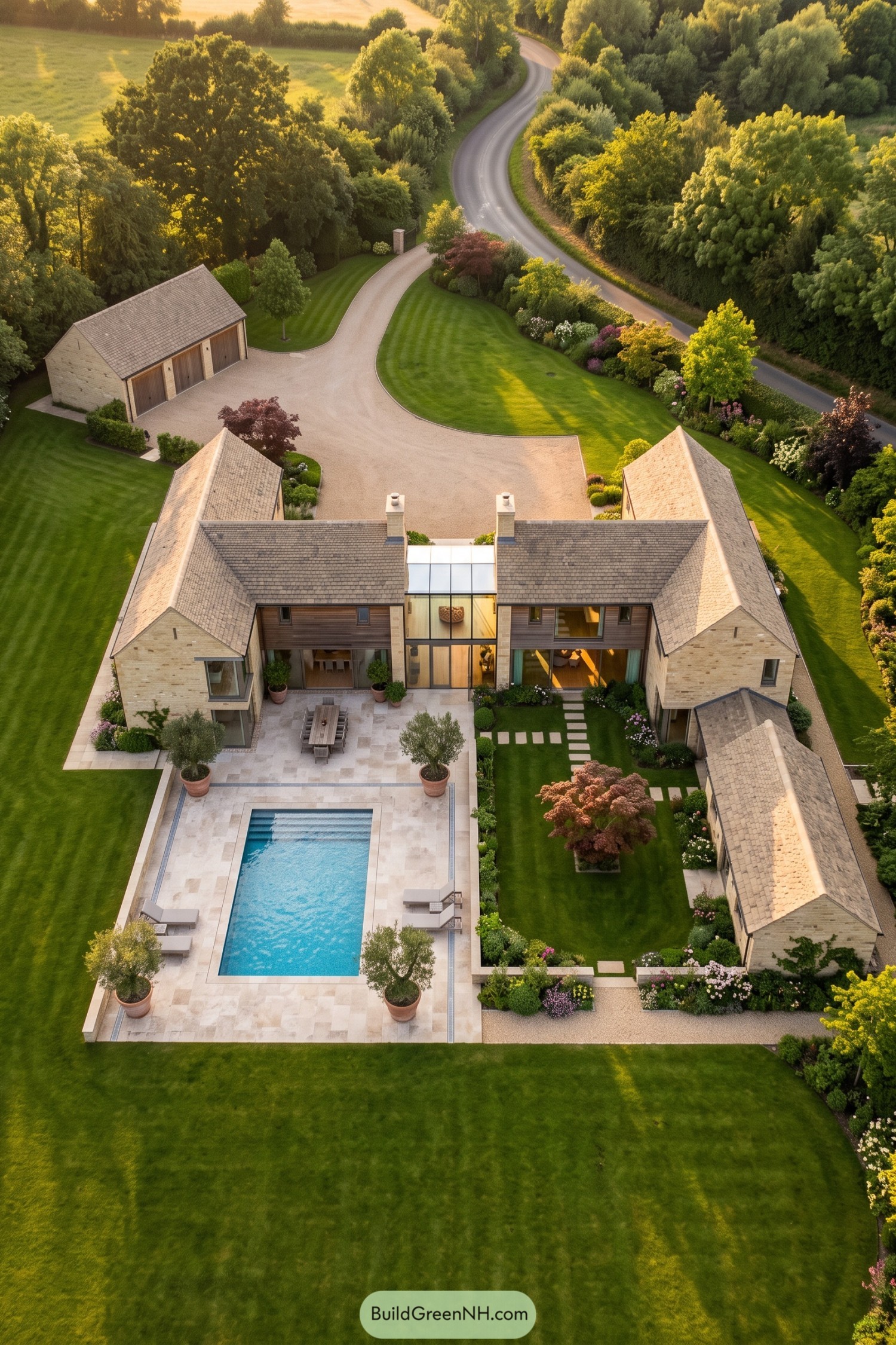 Aerial view of a stone villa with pitched roofs, a glazed central entrance, pool terrace, and landscaped courtyard