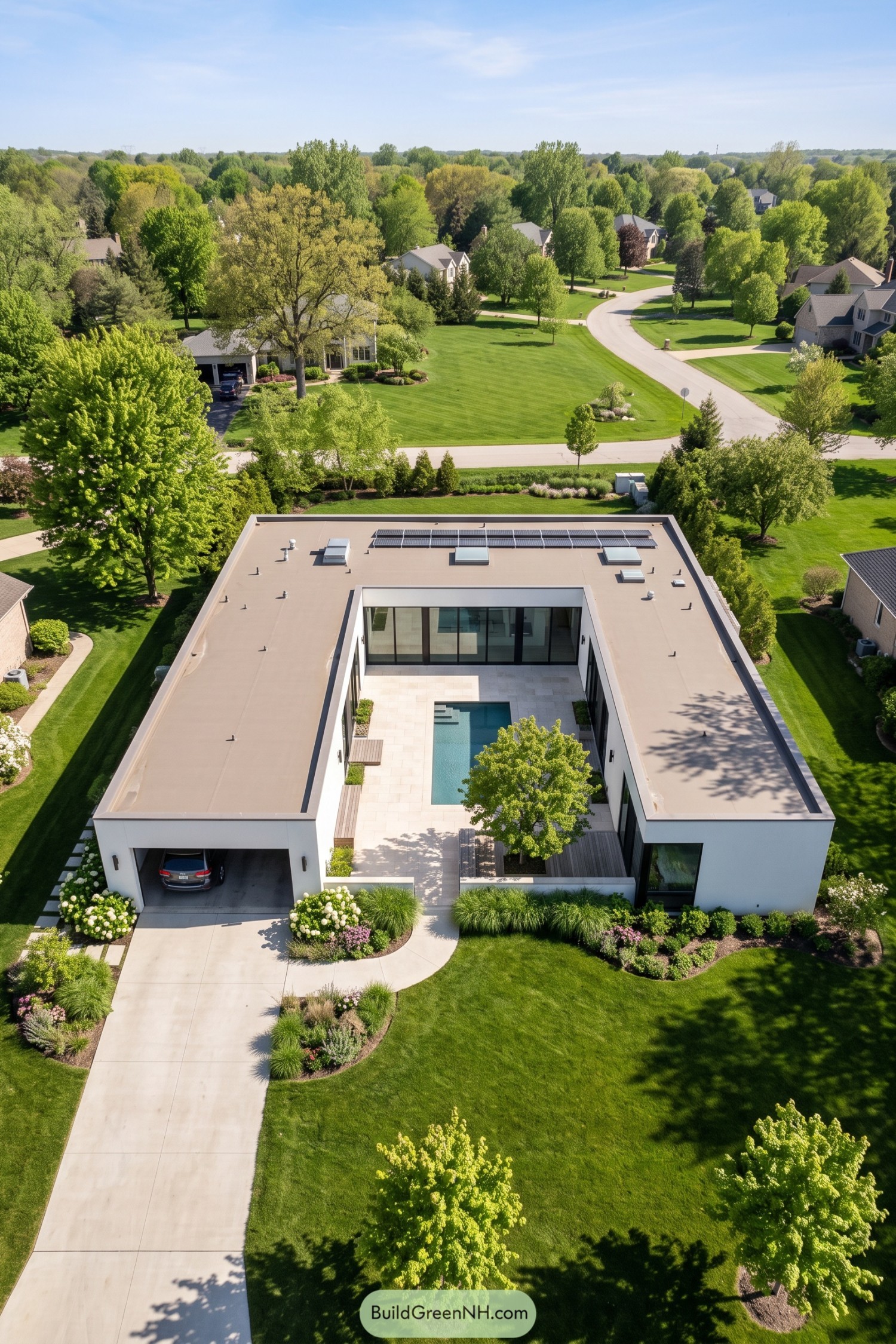 Aerial view of a white courtyard villa with a central pool, leafy tree, flat roof, and solar panels