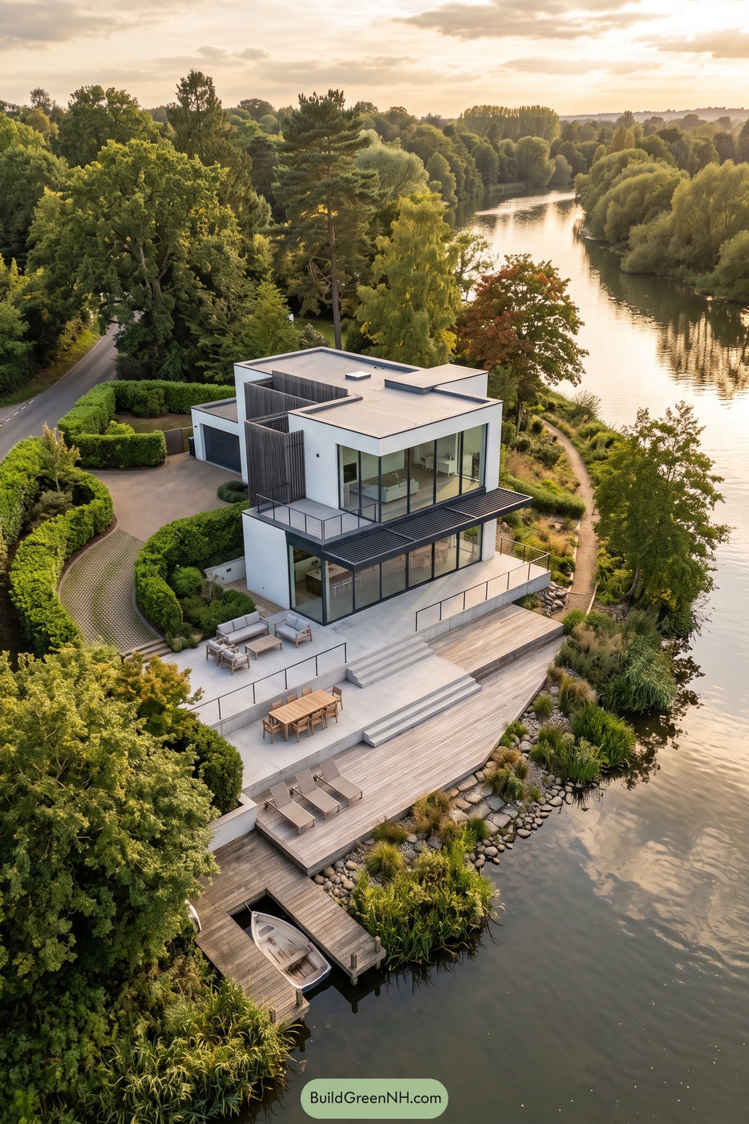 Modern white waterfront house with tall windows, stepped terraces, timber decking, and a small boat dock
