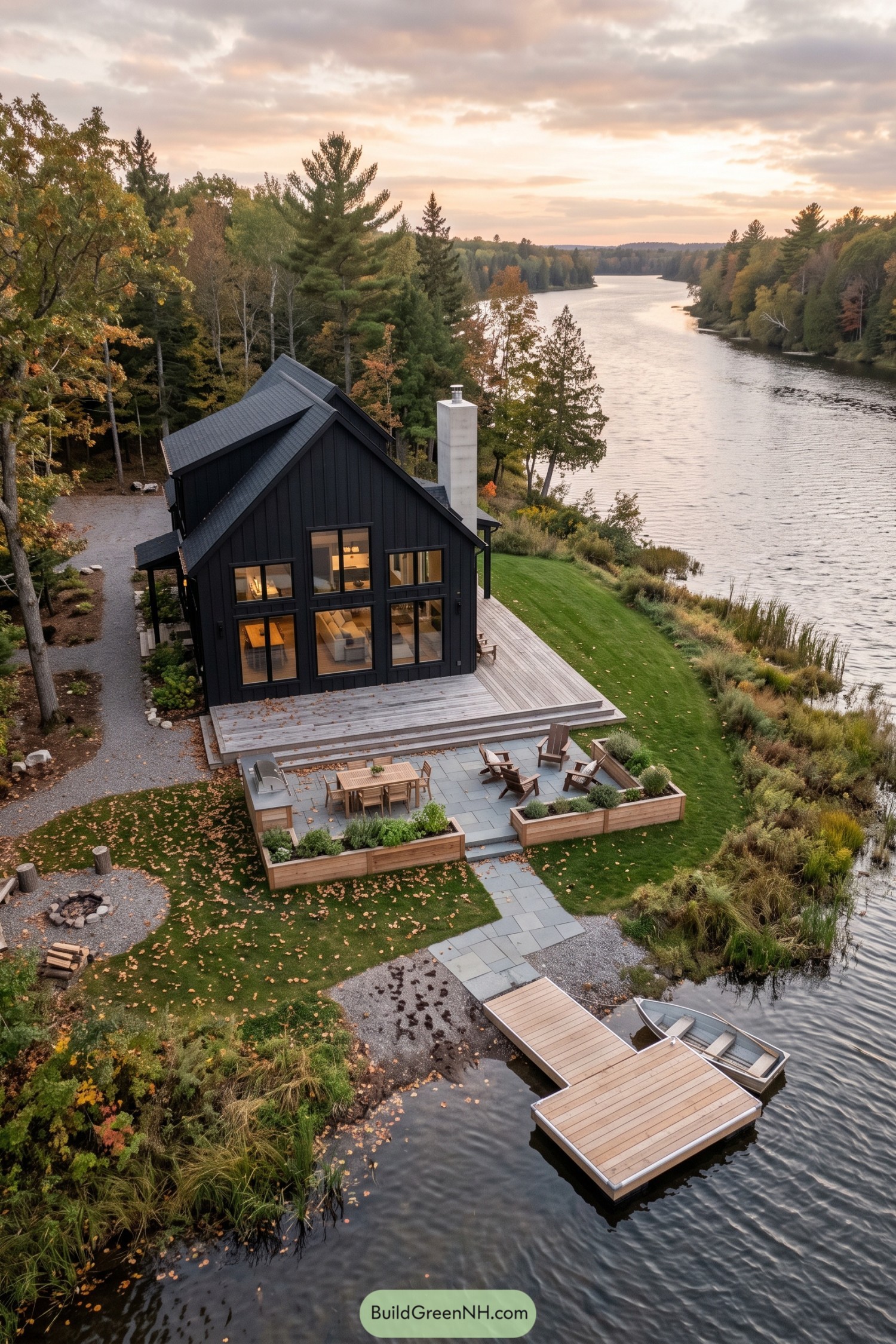 Black waterfront house with steep gables, tall windows, a timber deck, garden patio, and boat dock