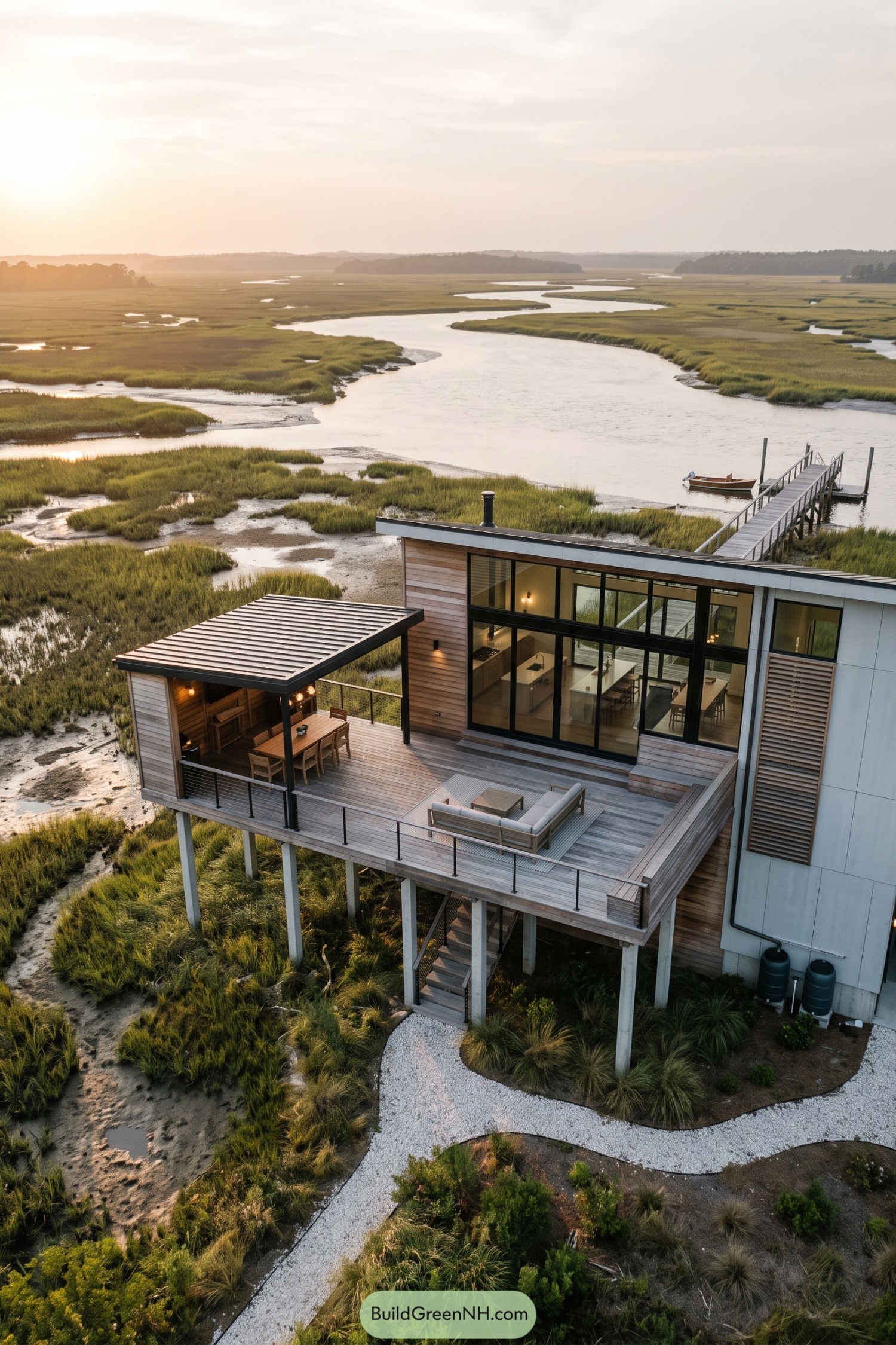Raised waterfront house with timber cladding, tall windows, a covered dining deck, and a dock extending into the marsh