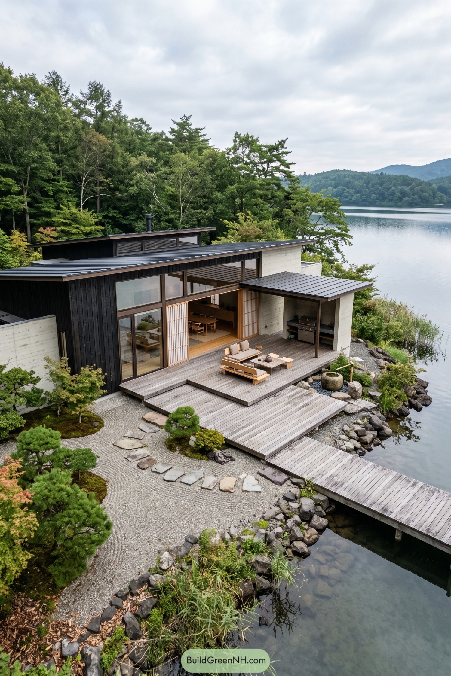 Japanese inspired waterfront house with dark timber siding, sliding lattice screens, stepped decking, and a raked gravel garden
