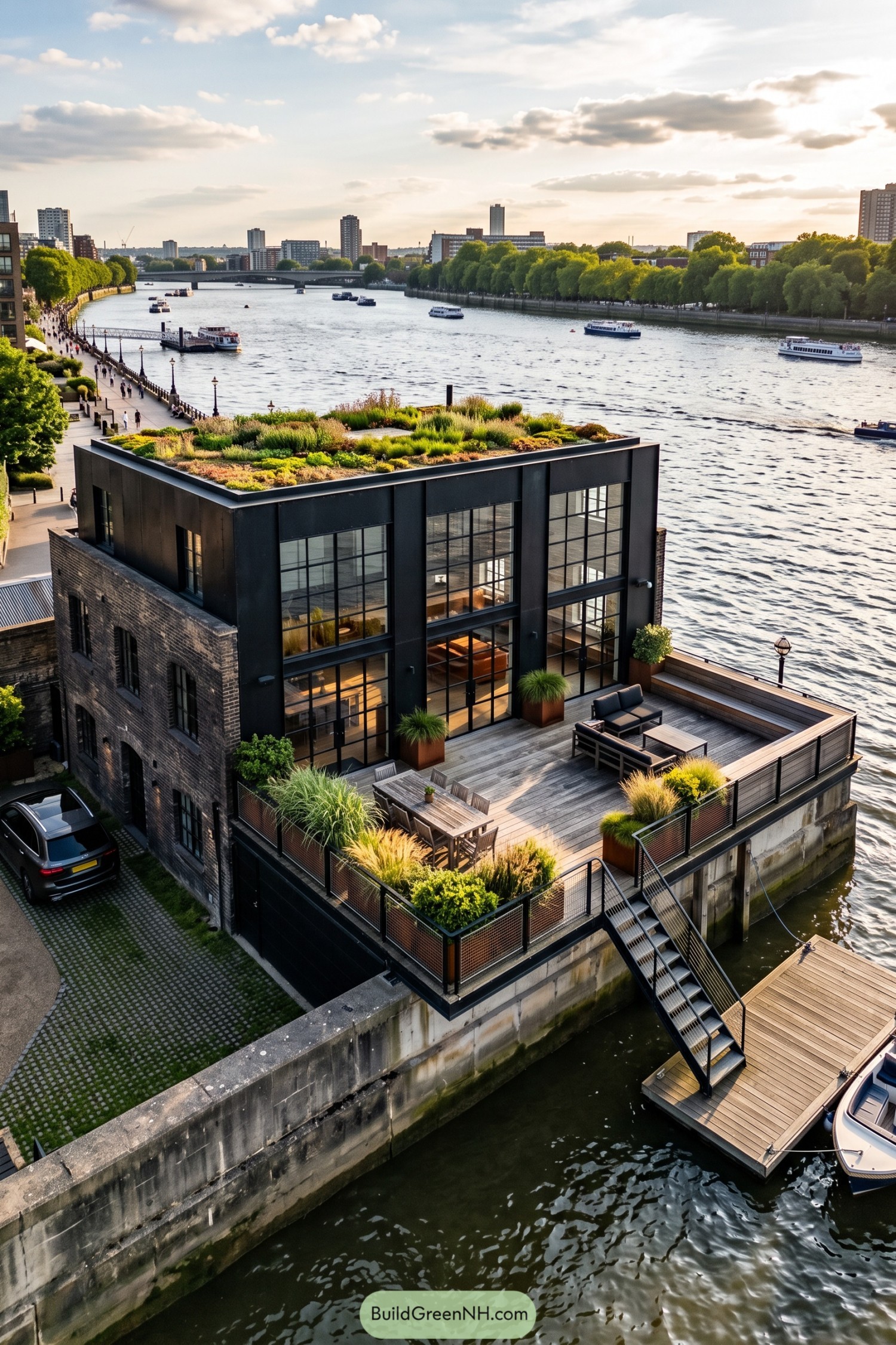 Riverfront house with brick walls, tall gridded windows, a planted roof, and a timber terrace above a private dock