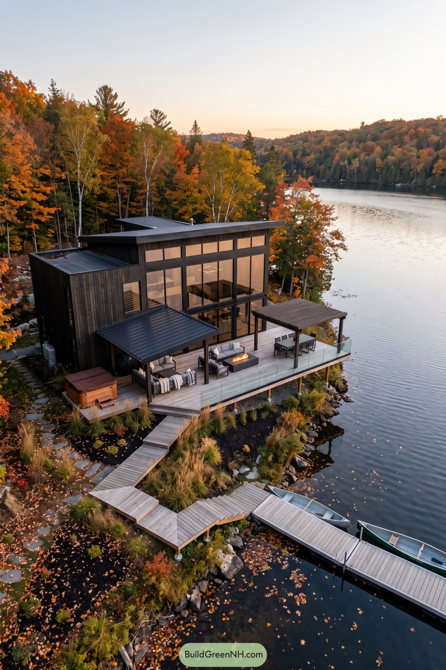 Dark timber lake house with tall windows a furnished waterfront deck and stepped wooden walkway leading to a canoe dock