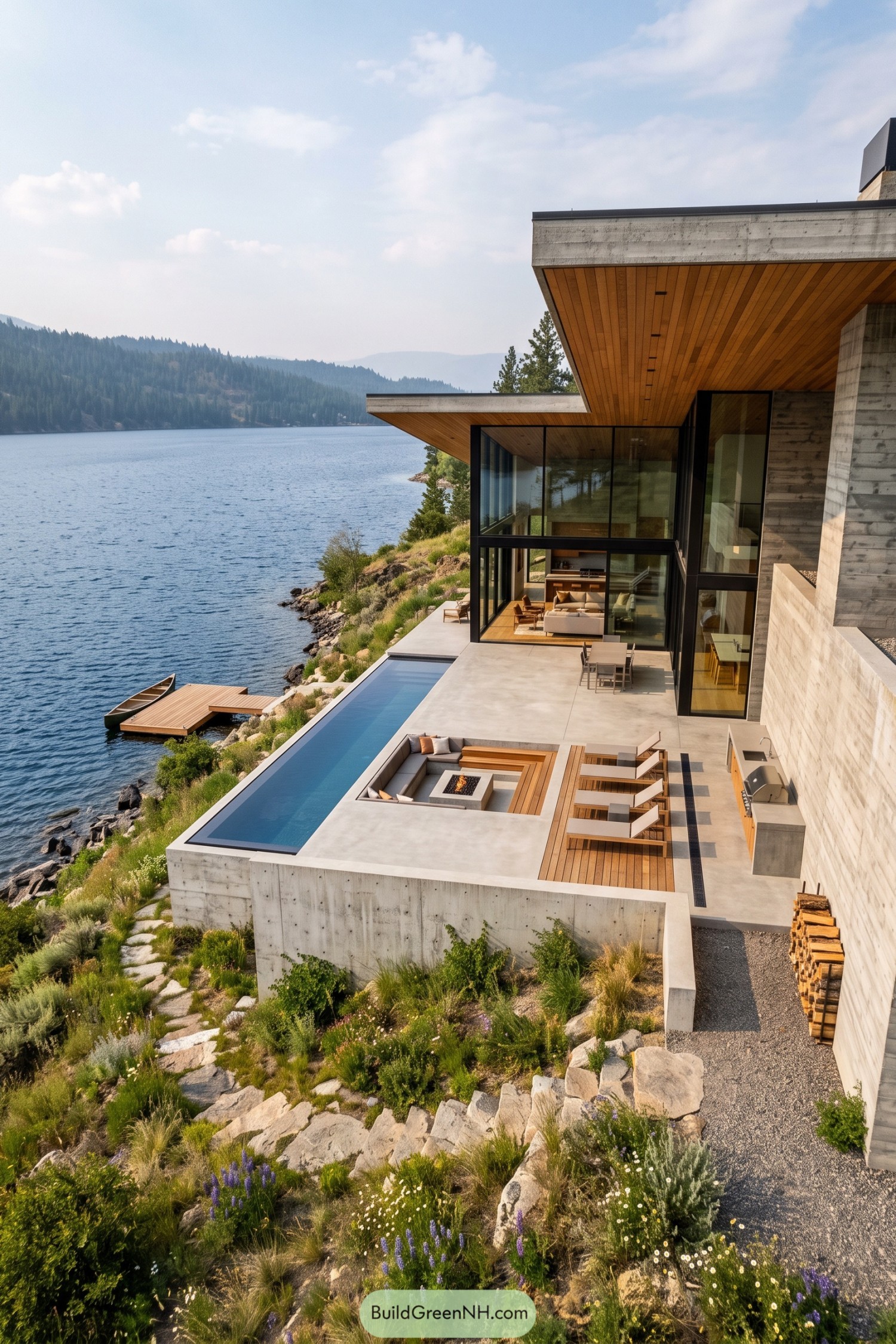 Concrete and glass waterfront house with timber soffits, a narrow pool, sunken fire seating, and a rocky garden