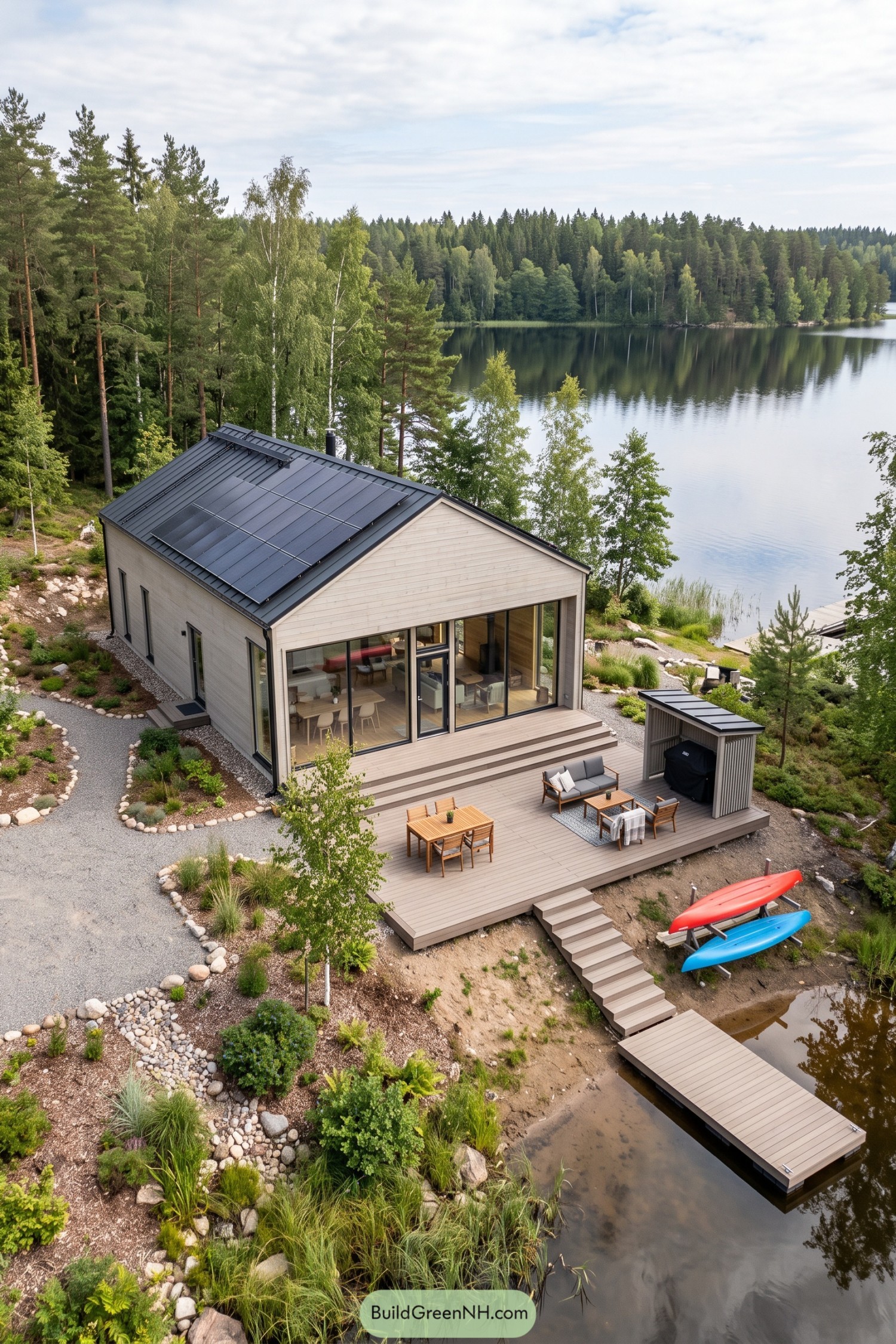 Pale timber lakeside house with rooftop solar panels a furnished deck and steps leading to a dock