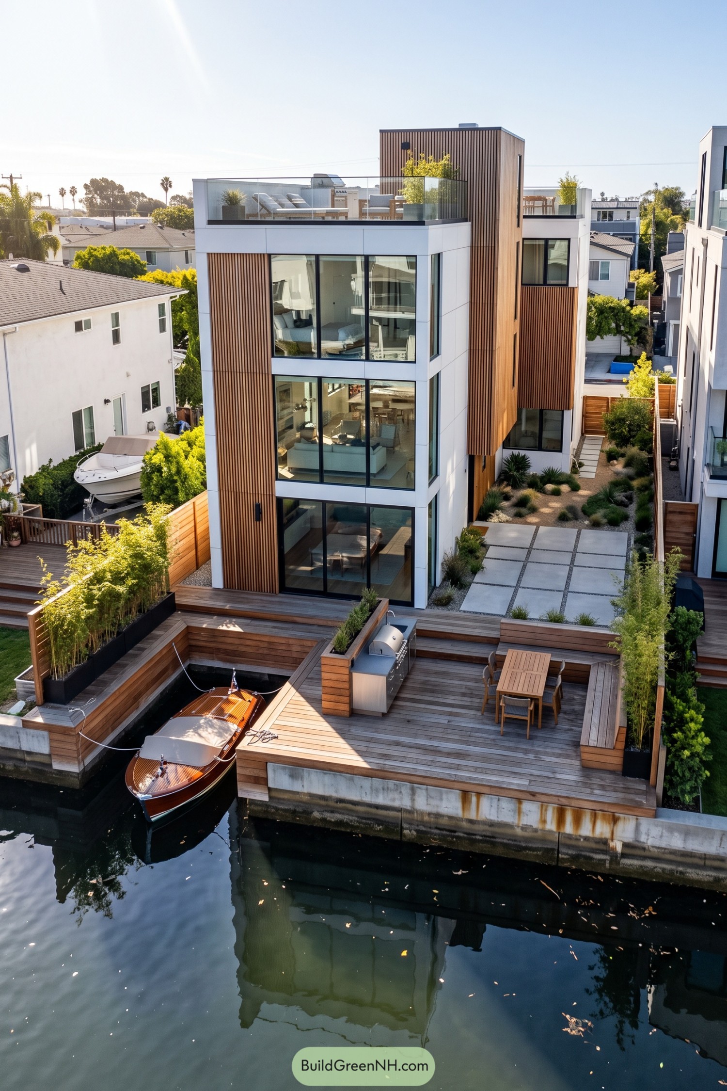 Three-story canal house with vertical wood cladding, large windows, a rooftop terrace, and a dining deck beside a private boat slip
