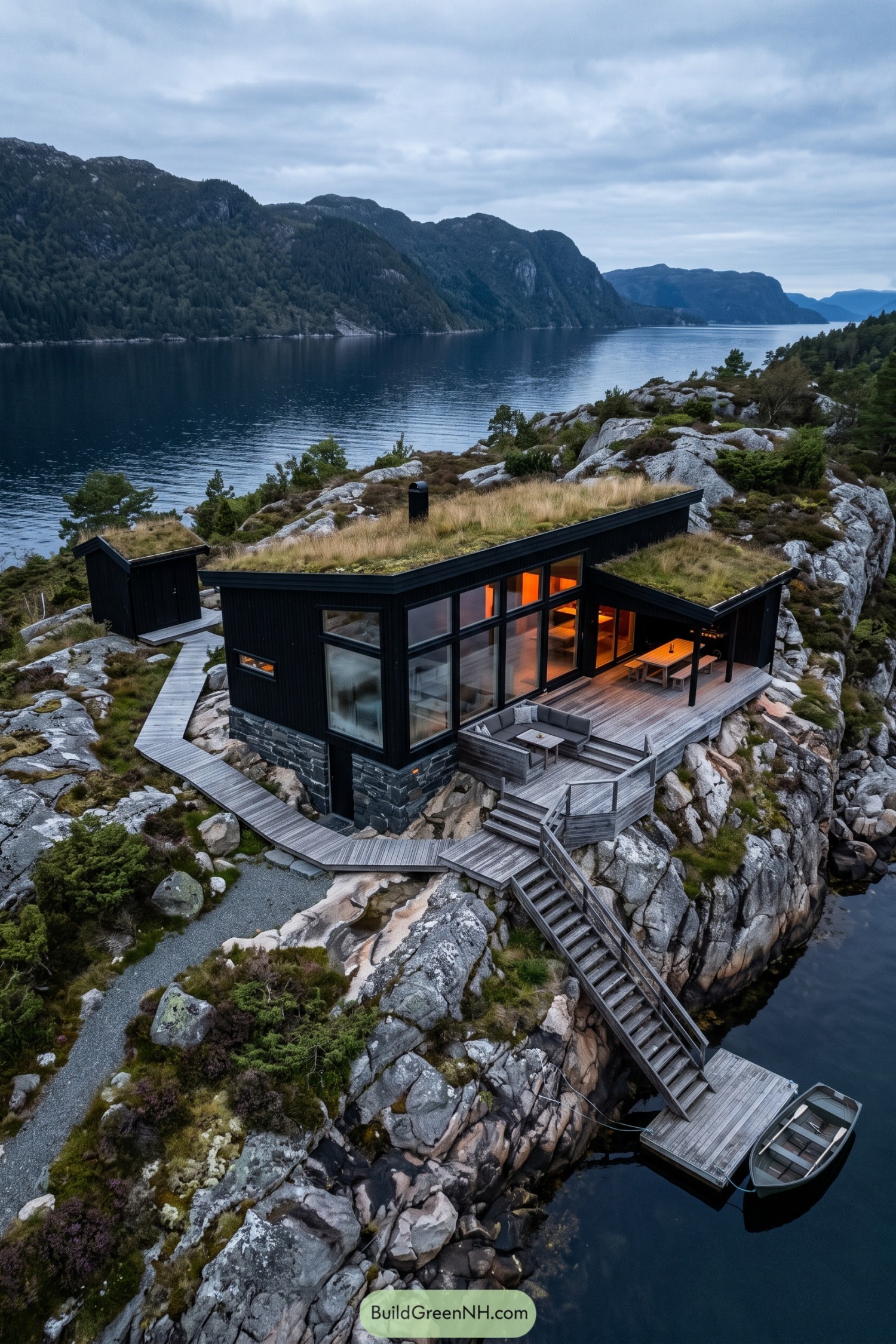 Black waterfront cabin with grass roofs and tall windows above a timber deck and stairs leading to a small dock