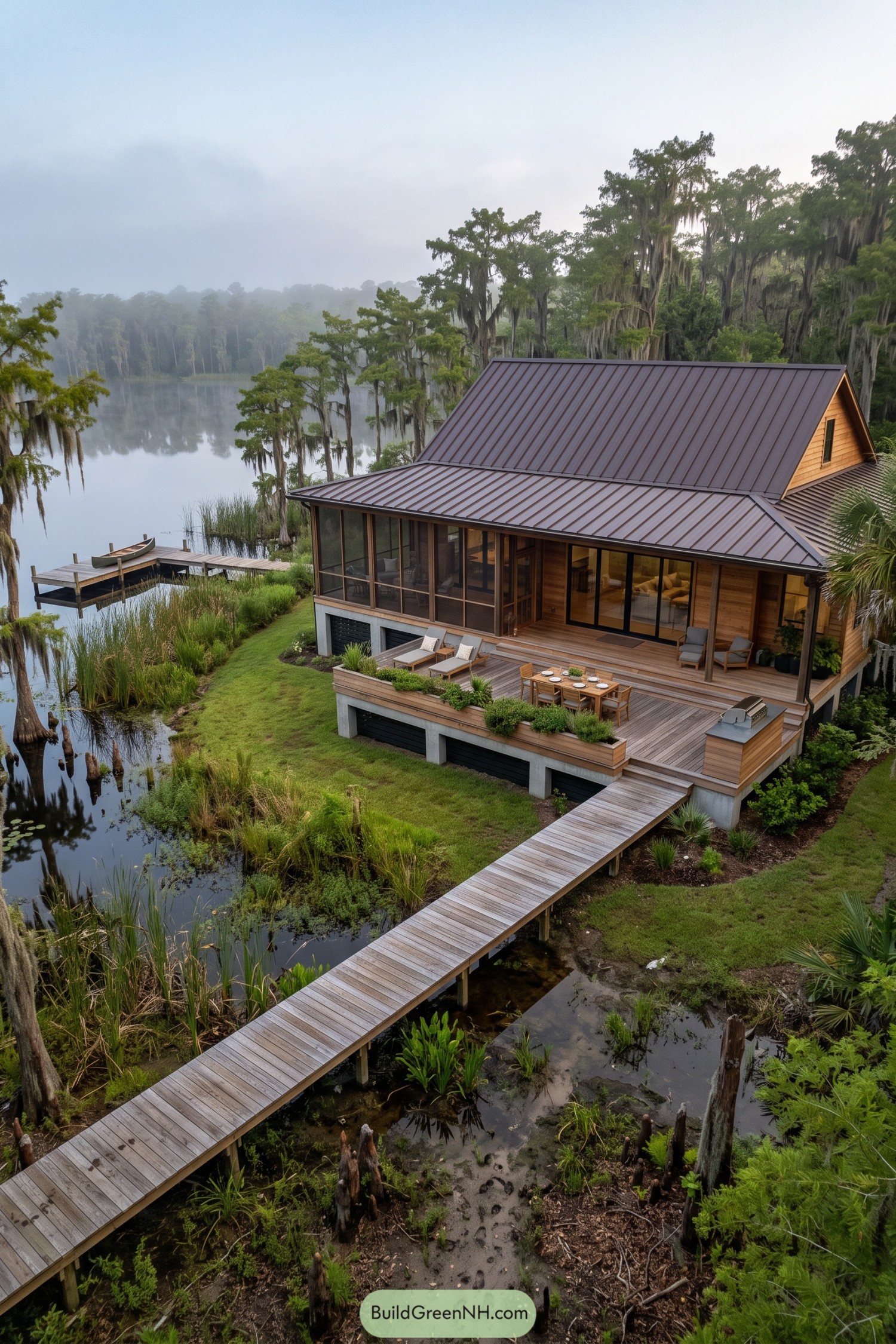 Wooden waterfront house with a screened porch, metal roof, furnished deck, and boardwalk through cypress wetlands