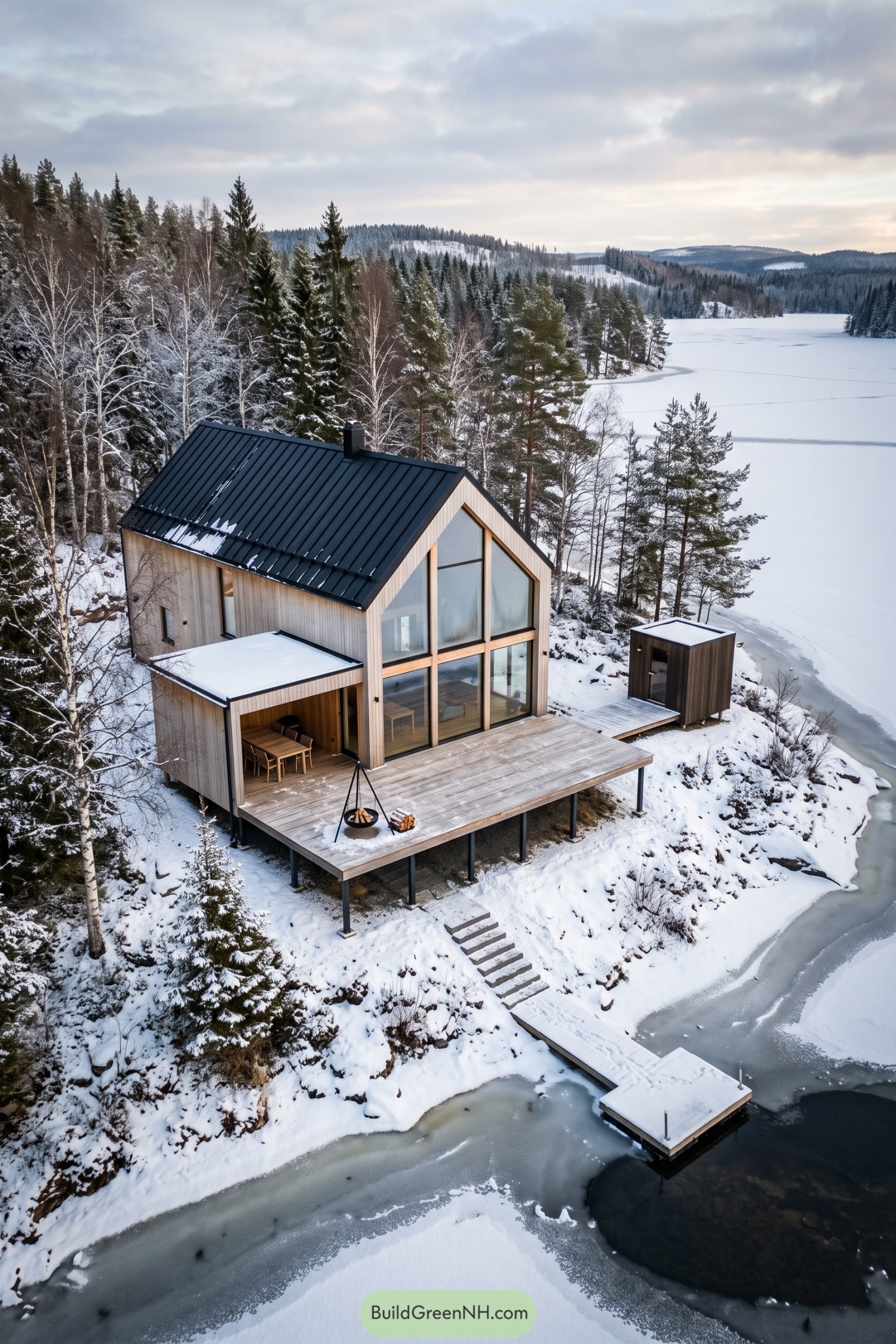 Timber cabin with a glazed gable, raised deck, and small dock beside a frozen lake
