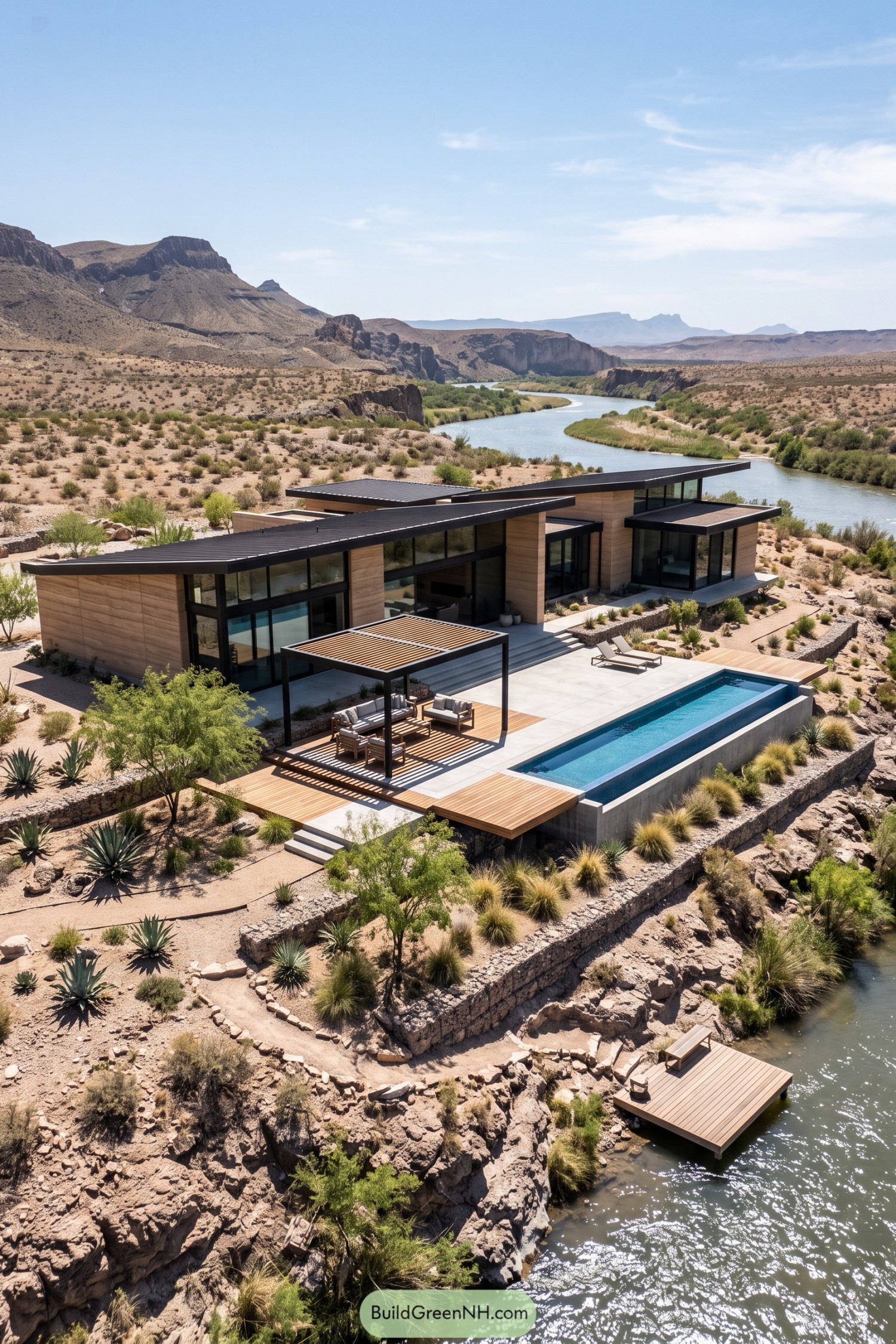 Modern desert riverfront house with sloping black roofs, sandy walls, a pool, shaded seating, and a small dock