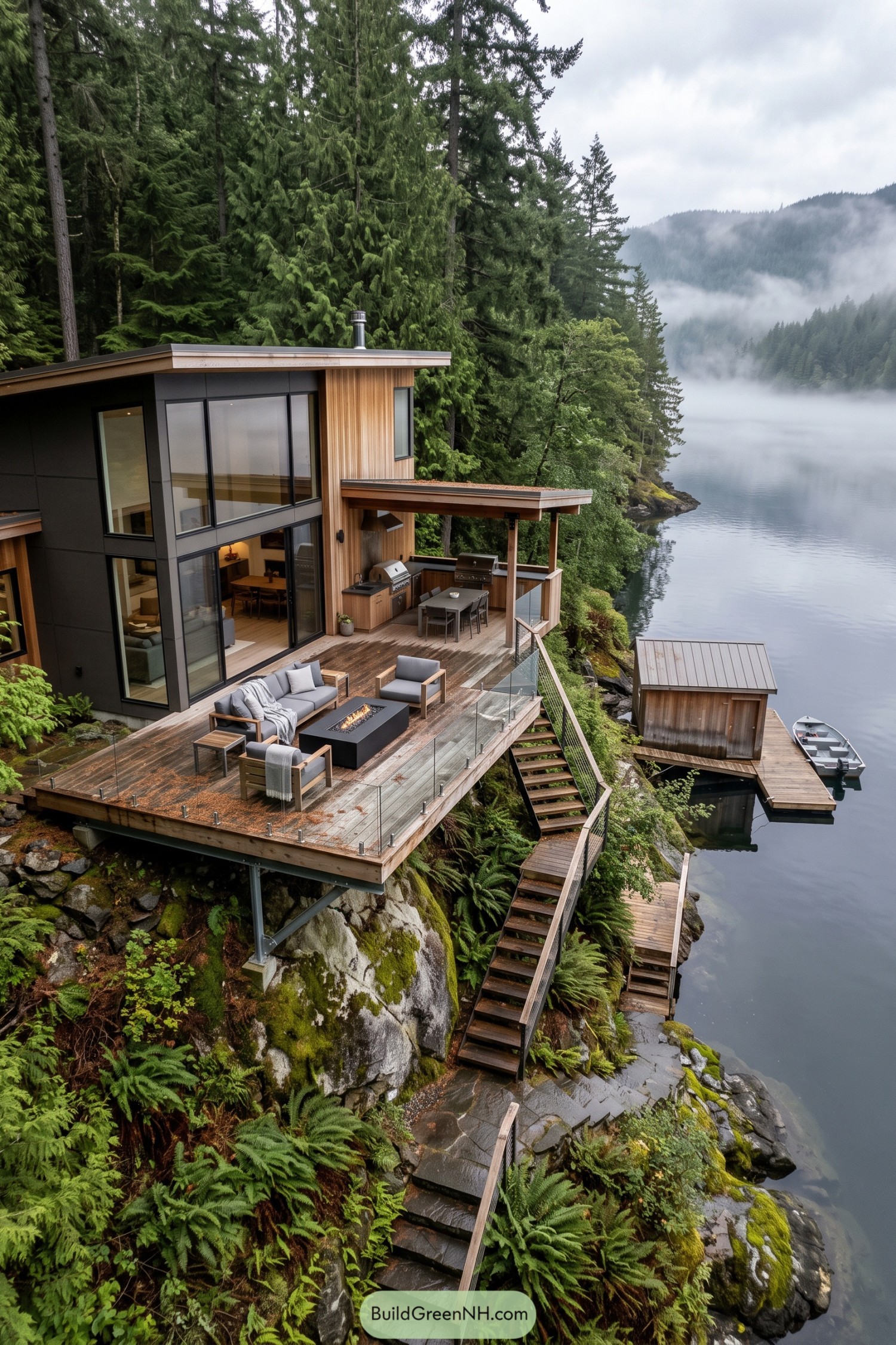 Modern wood and charcoal house with a glass-railed deck and stairs descending to a lakeside dock