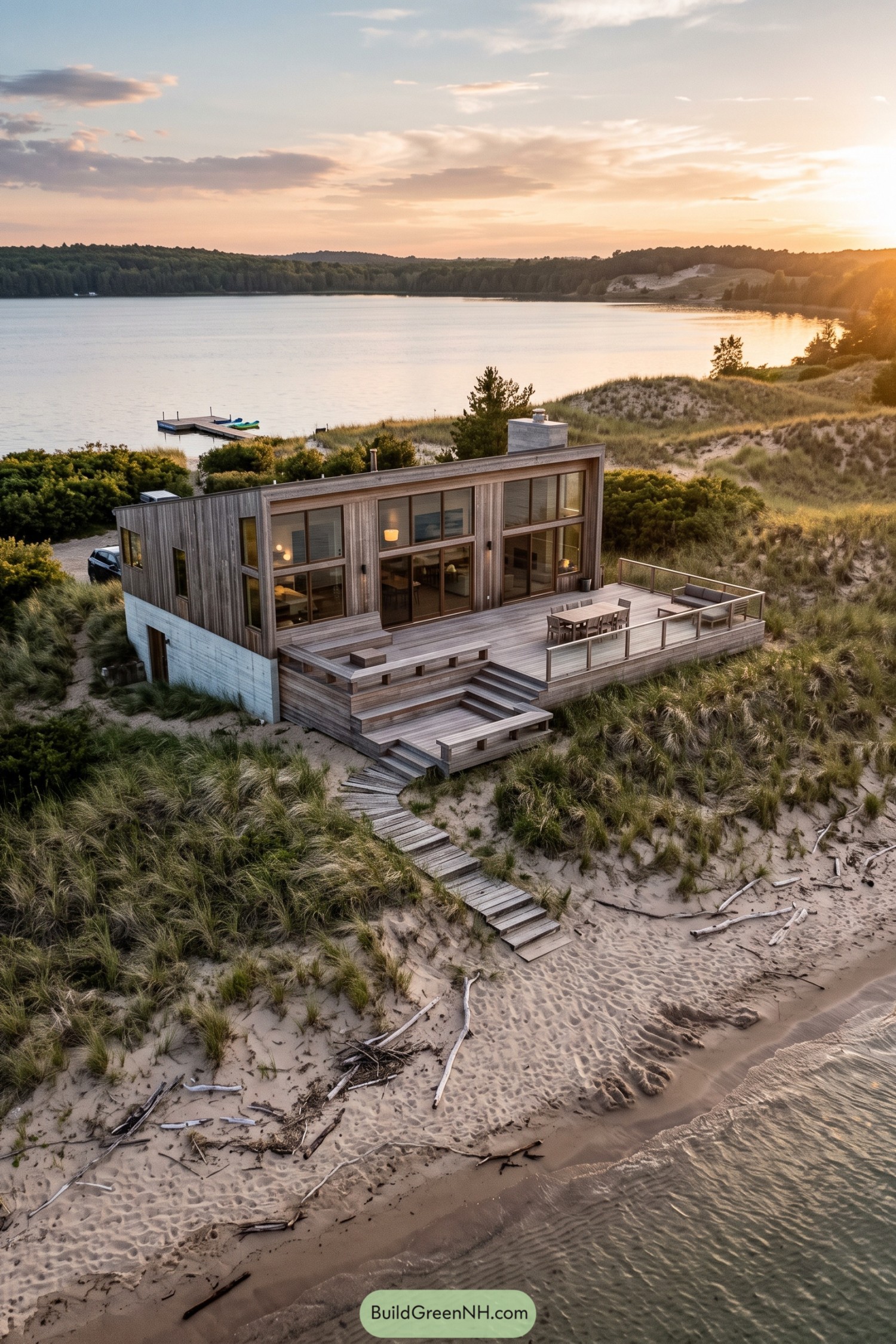 Modern wood clad waterfront house with tall windows and a stepped deck leading through sandy dunes to the beach