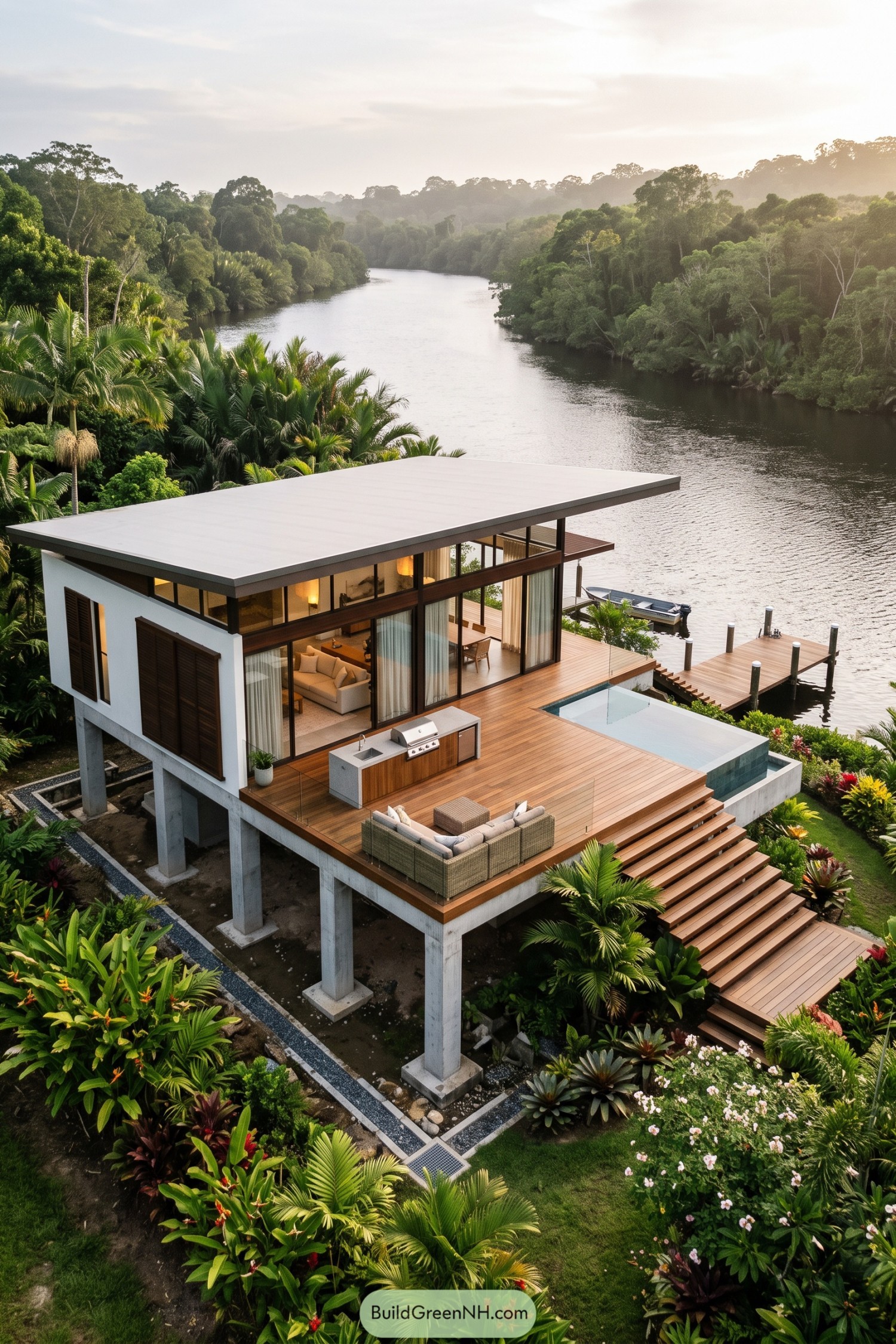 Elevated riverfront house with timber shutters, glass walls, a pool terrace and a private dock amid tropical planting