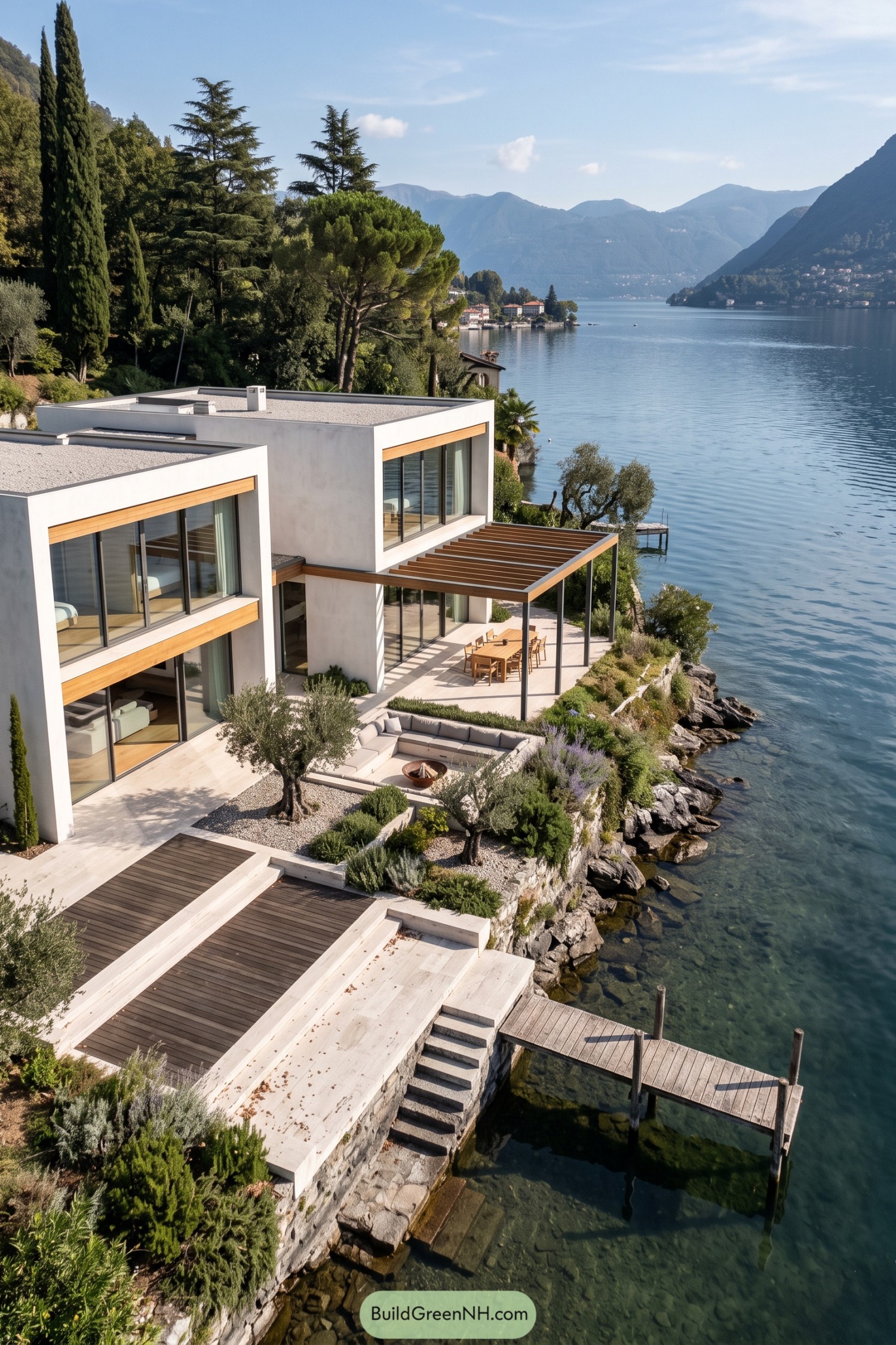 Modern white lakefront villa with timber pergola, terraced gardens, recessed seating, and a private wooden dock
