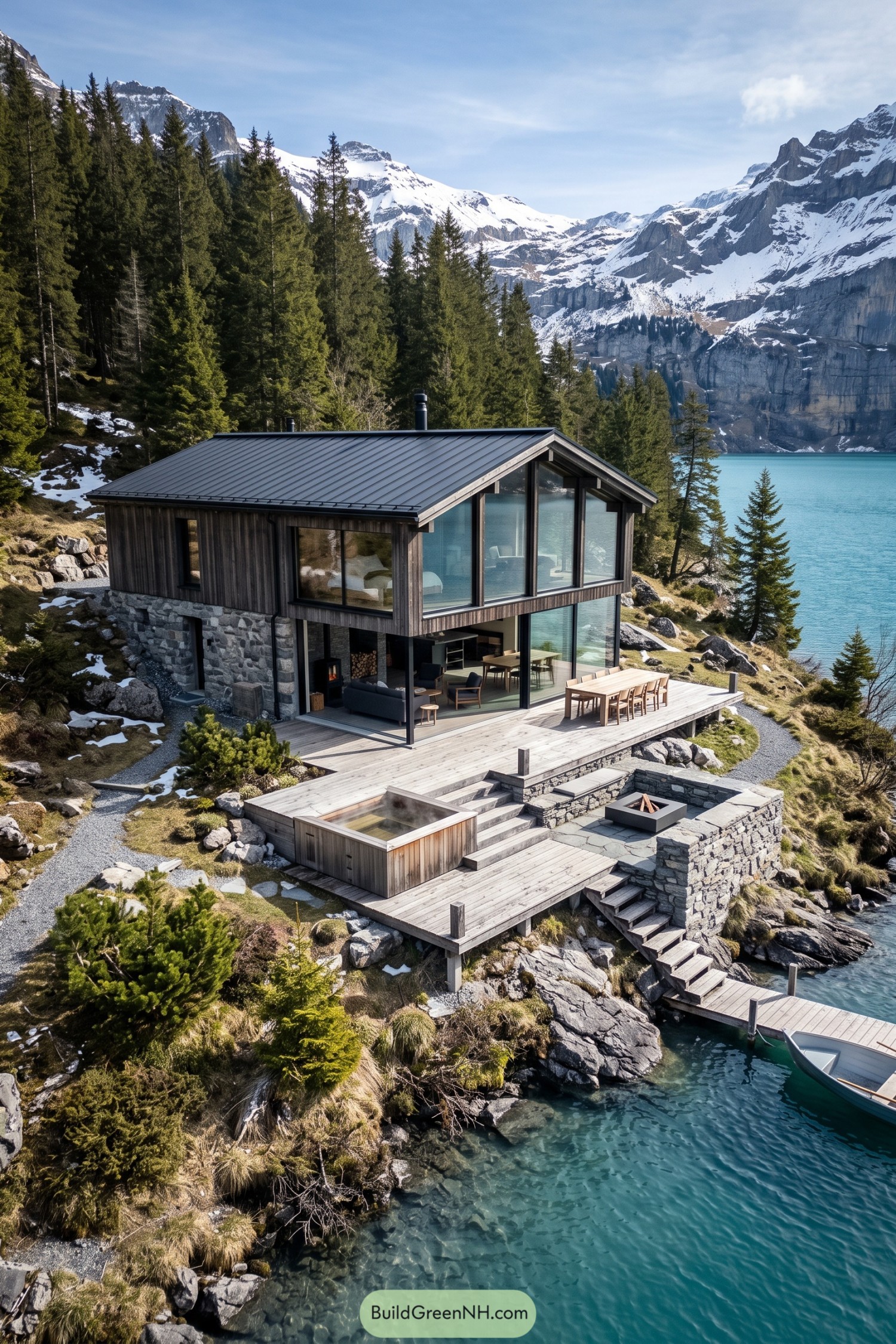 Modern timber and stone chalet with lakeside decks, a hot tub, fire pit seating, and a private dock beneath snowy mountains