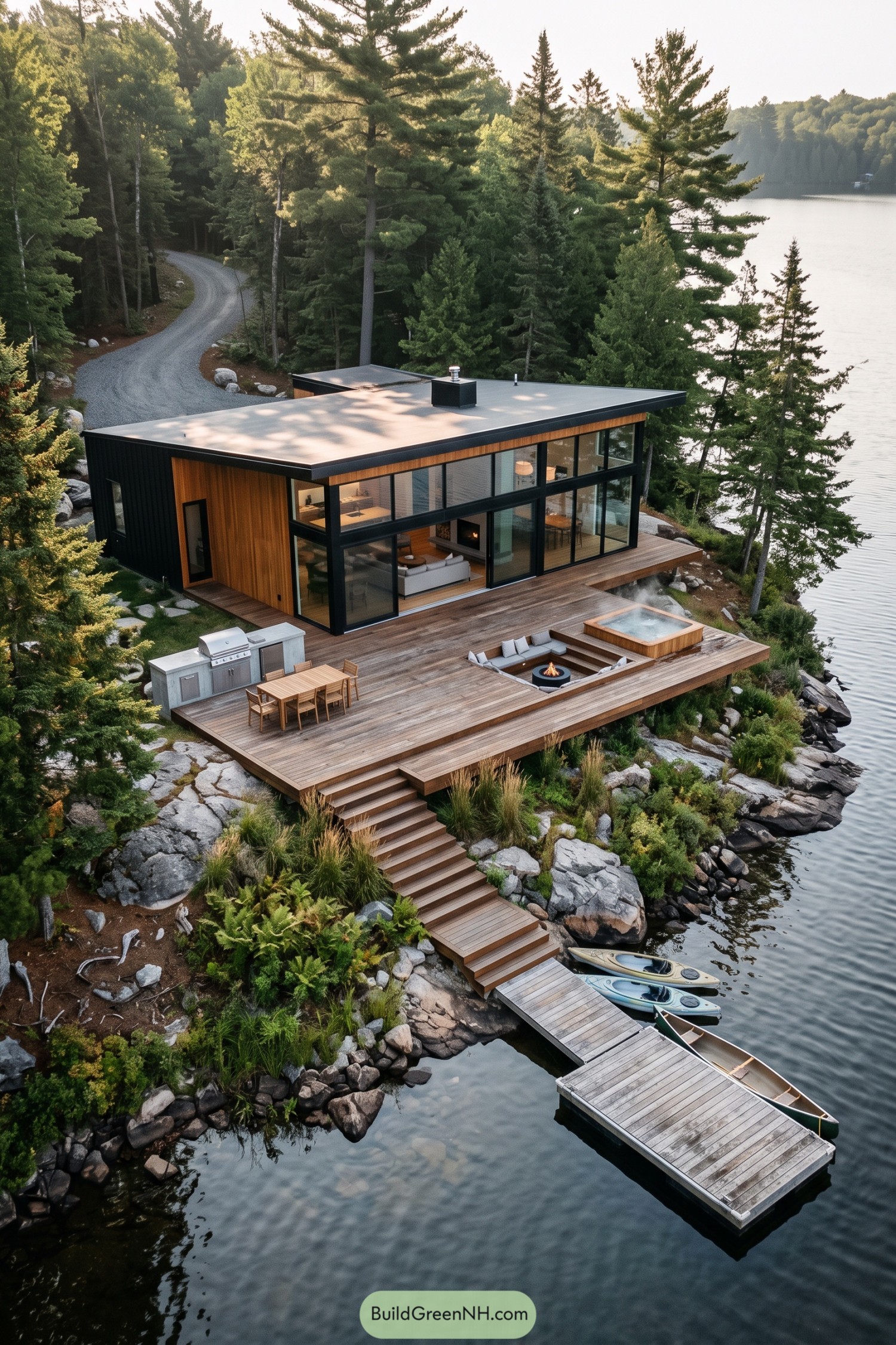 Modern wood and black lakeside house with tall windows, a broad deck, sunken seating, hot tub, and dock