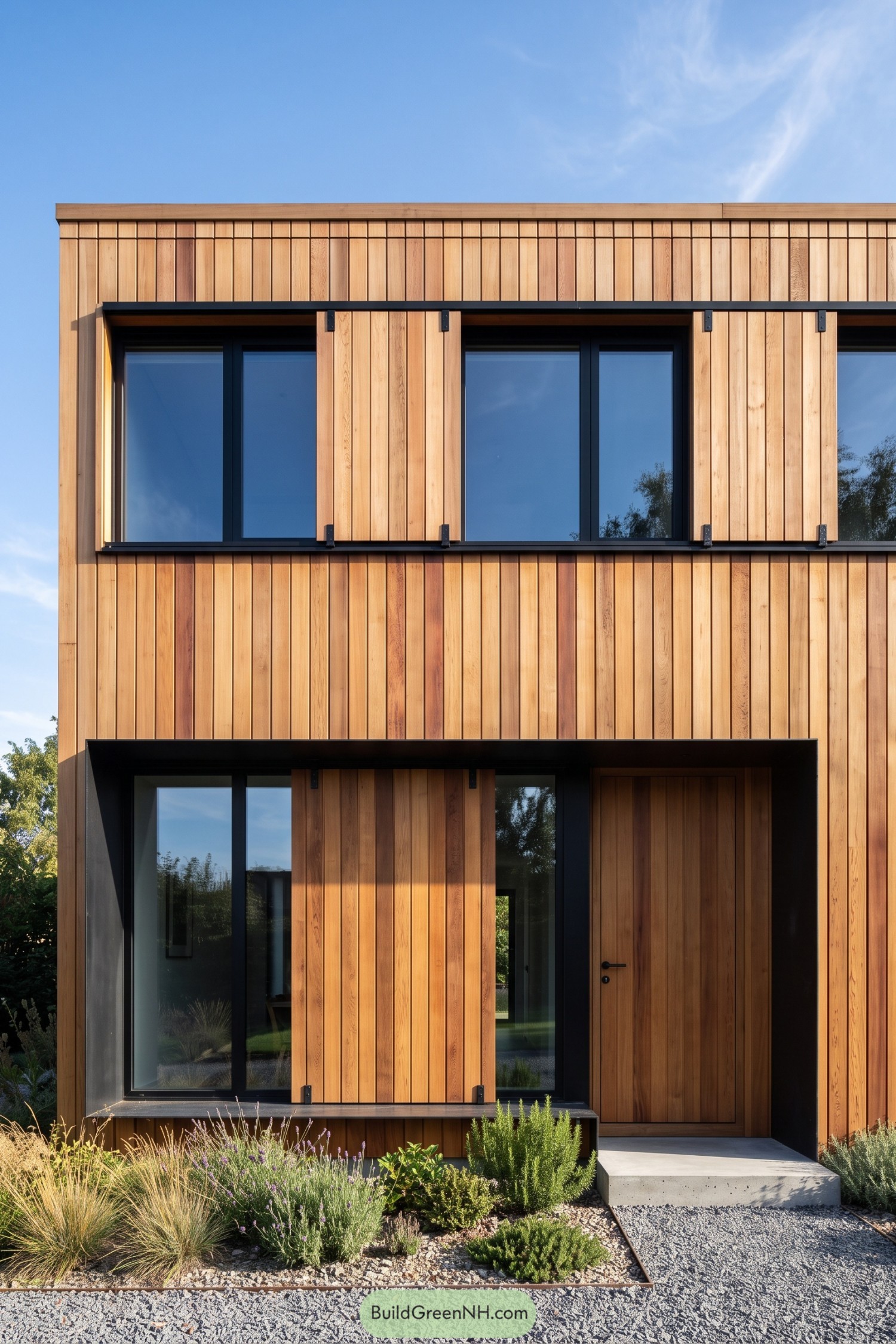 Vertical wooden facade with sliding shutters, black window frames, and a recessed timber entrance