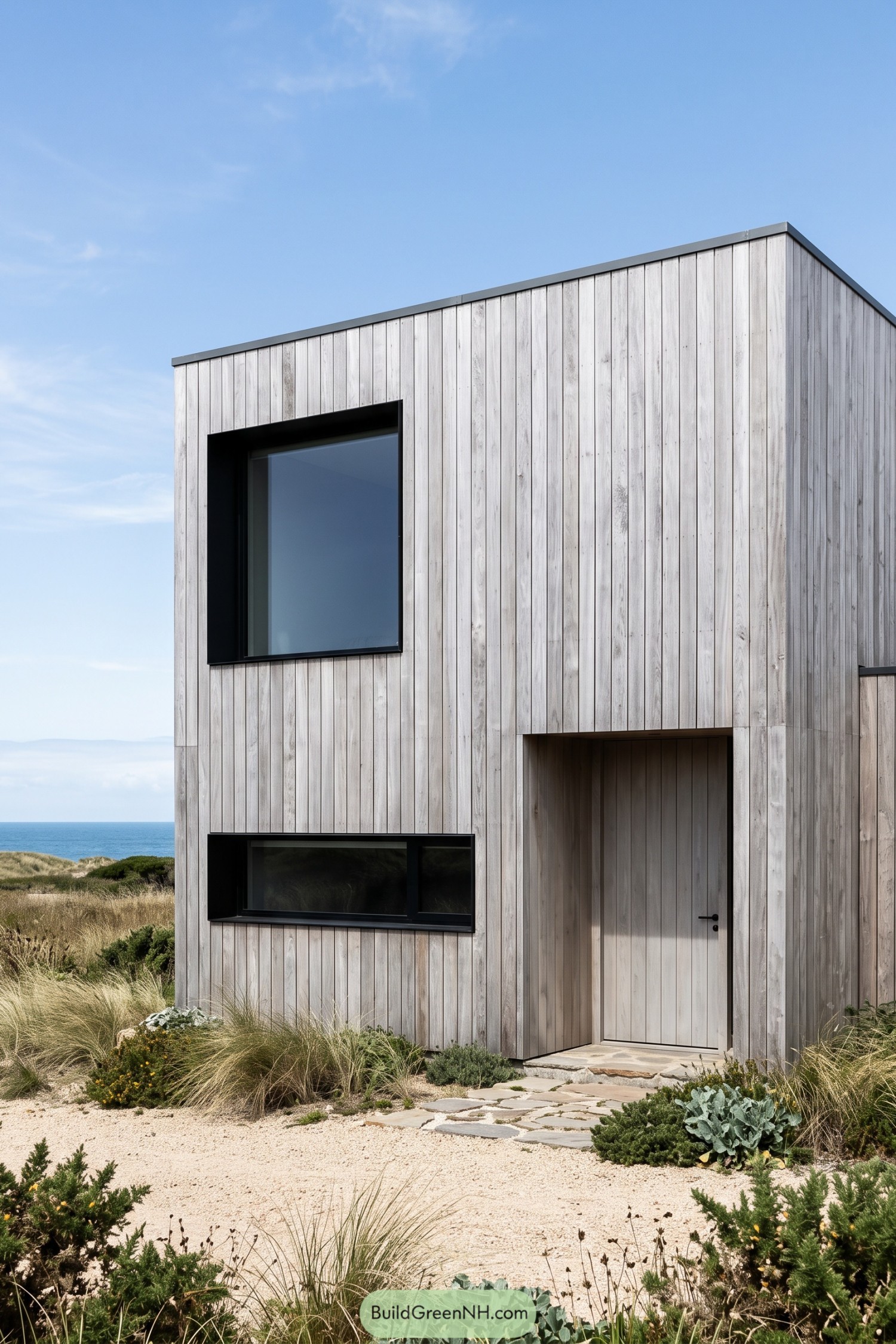 Coastal home with pale vertical wood cladding, black window frames, and a recessed timber entrance beside dune planting