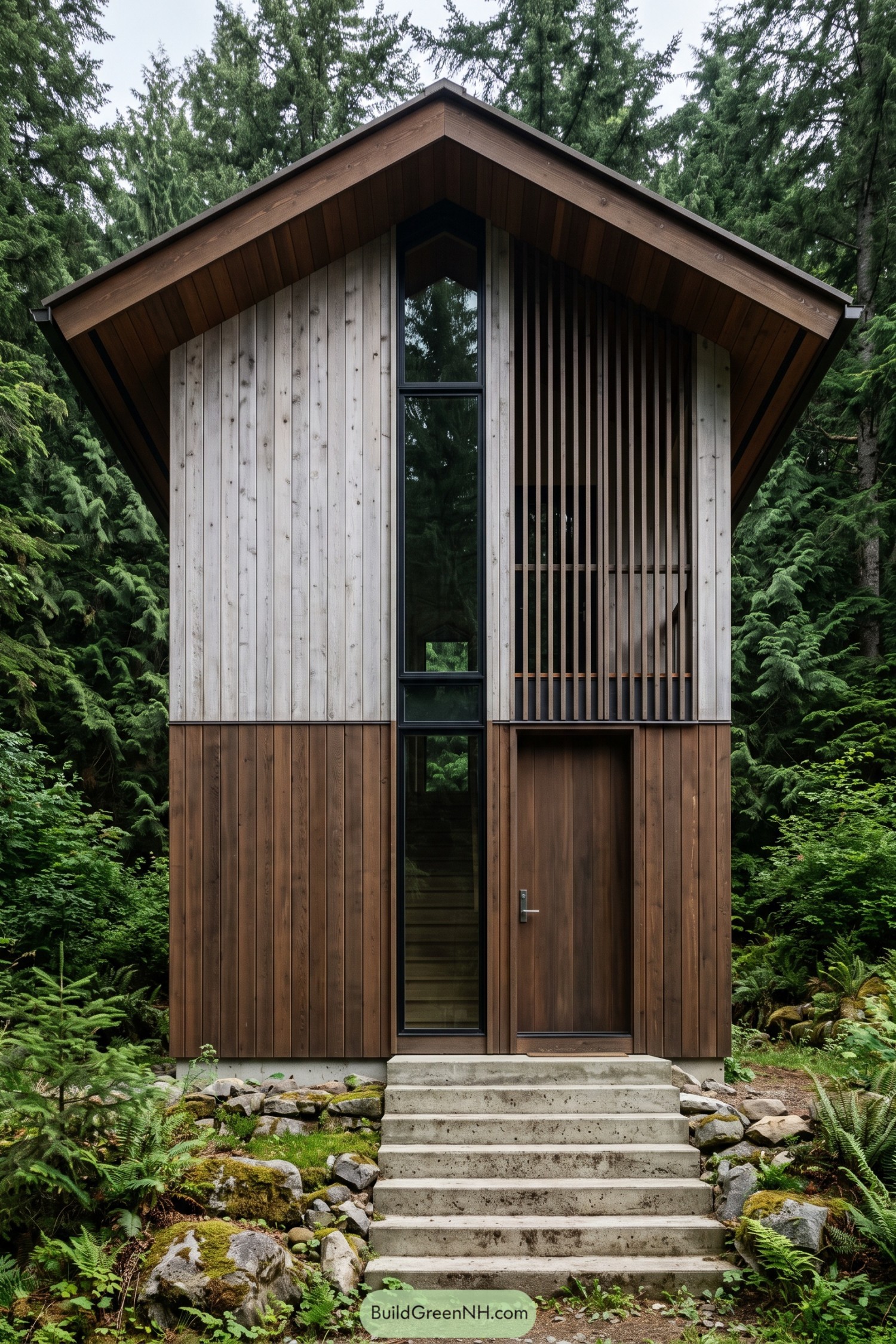 Narrow wooden facade with contrasting vertical boards, tall glazing, an upper slatted screen, and concrete entry steps