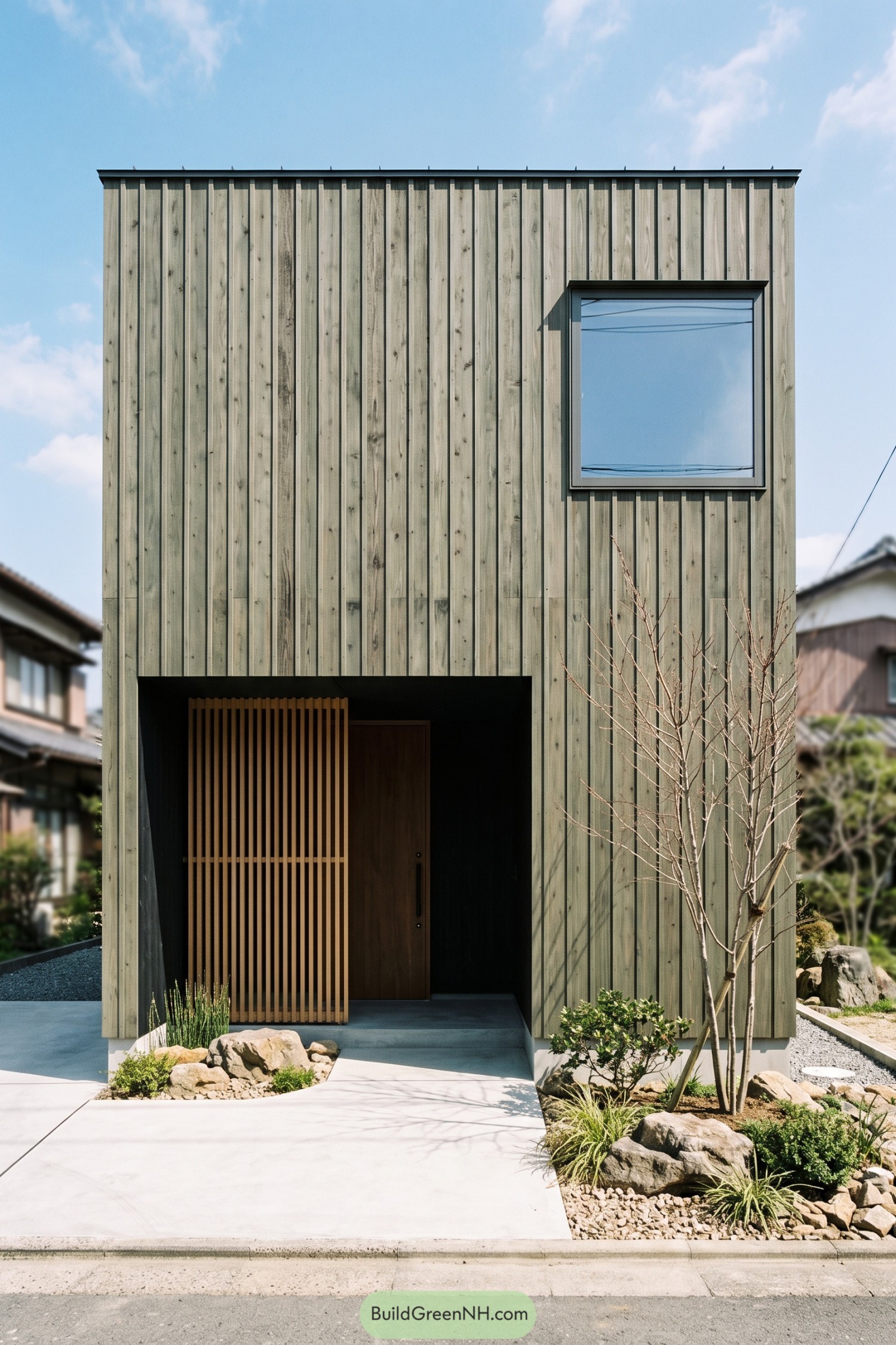 Narrow wooden facade with vertical battens a recessed screened entrance and a small rock garden