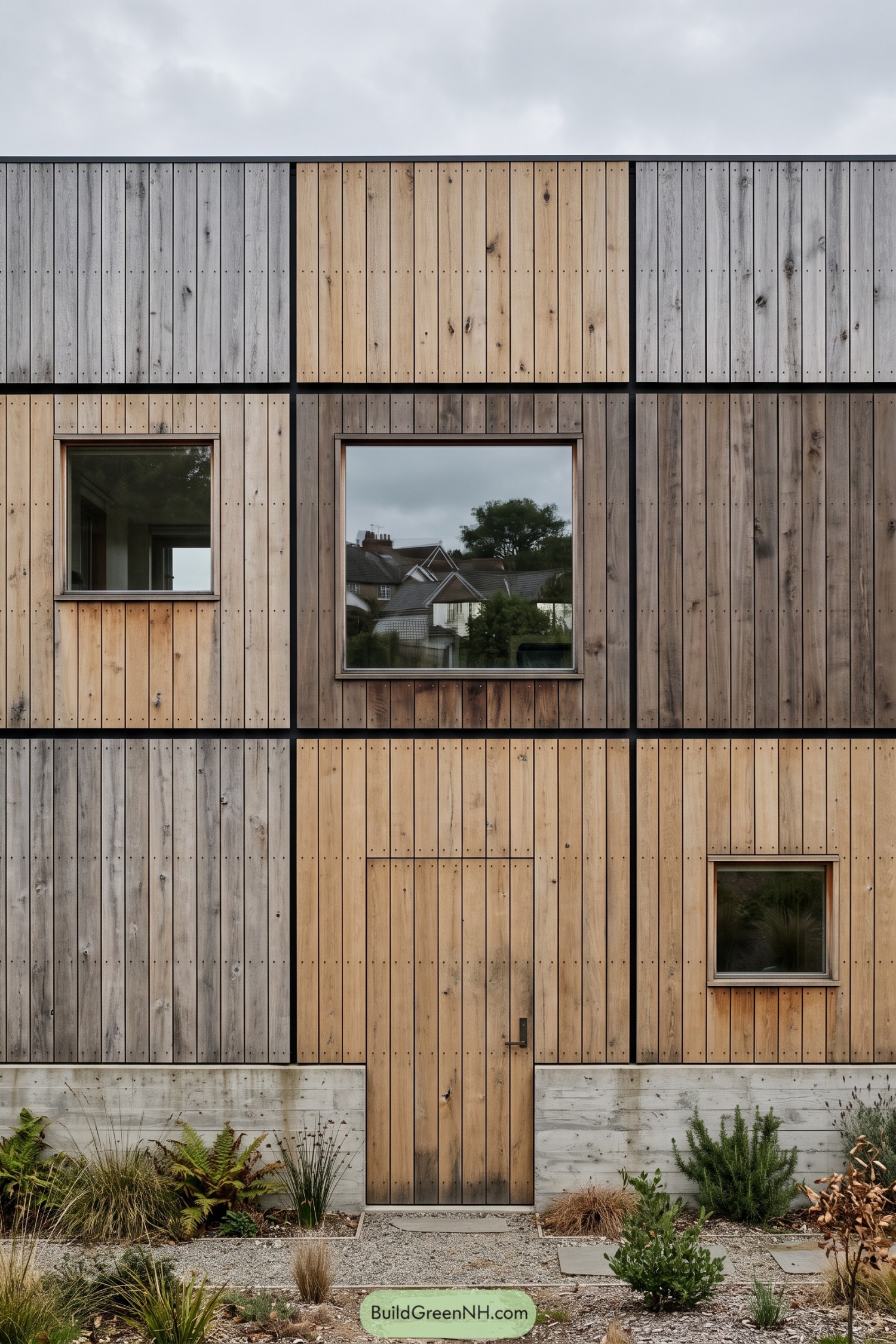 Wooden facade with contrasting vertical boards framed by black seams plus three square windows and a flush entrance door