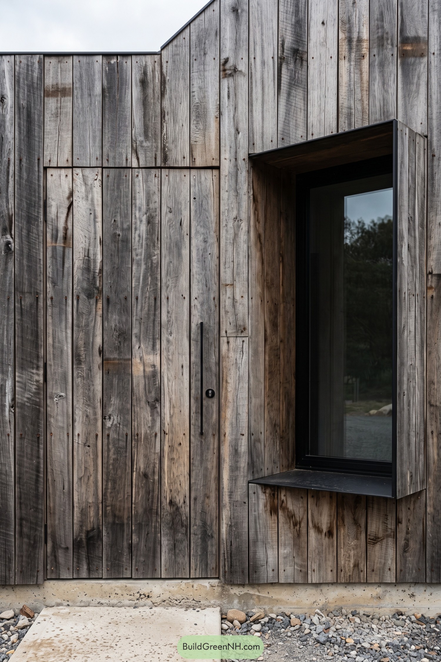 Weathered vertical wood cladding conceals a flush front door beside a deep window surround with black metal trim