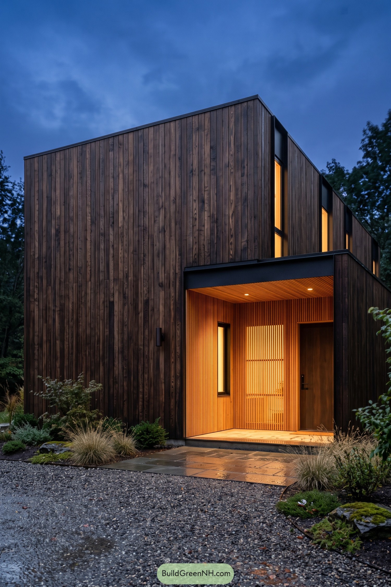 Modern wooden facade with dark vertical boards and a recessed golden timber entrance framed in black