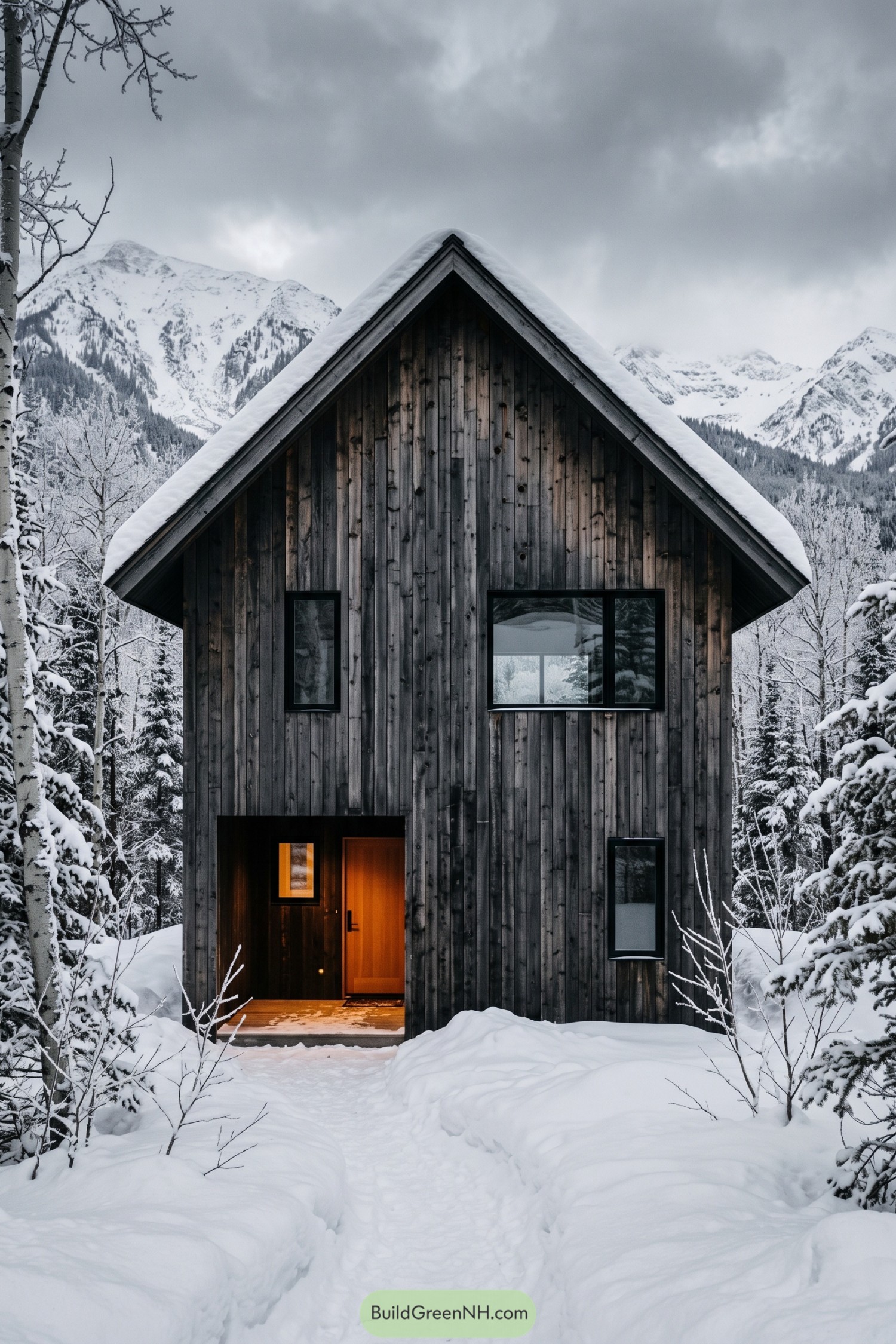 Tall cabin with weathered vertical wood siding a steep snowy roof and an amber wooden door beneath a recessed entrance