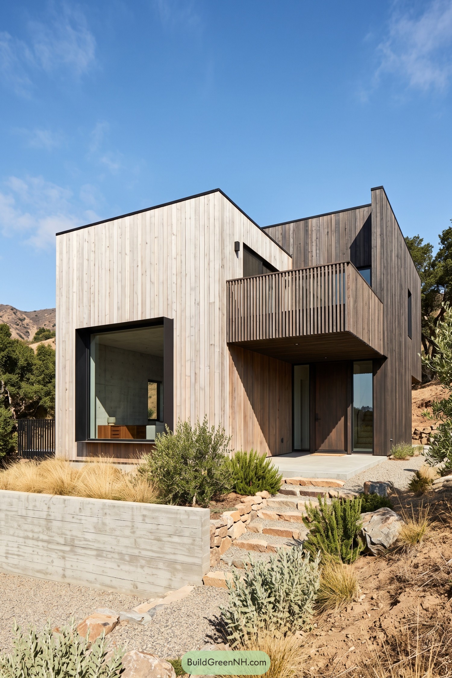 Modern house with contrasting vertical wood cladding, a slatted balcony, black window frames, and stone garden steps