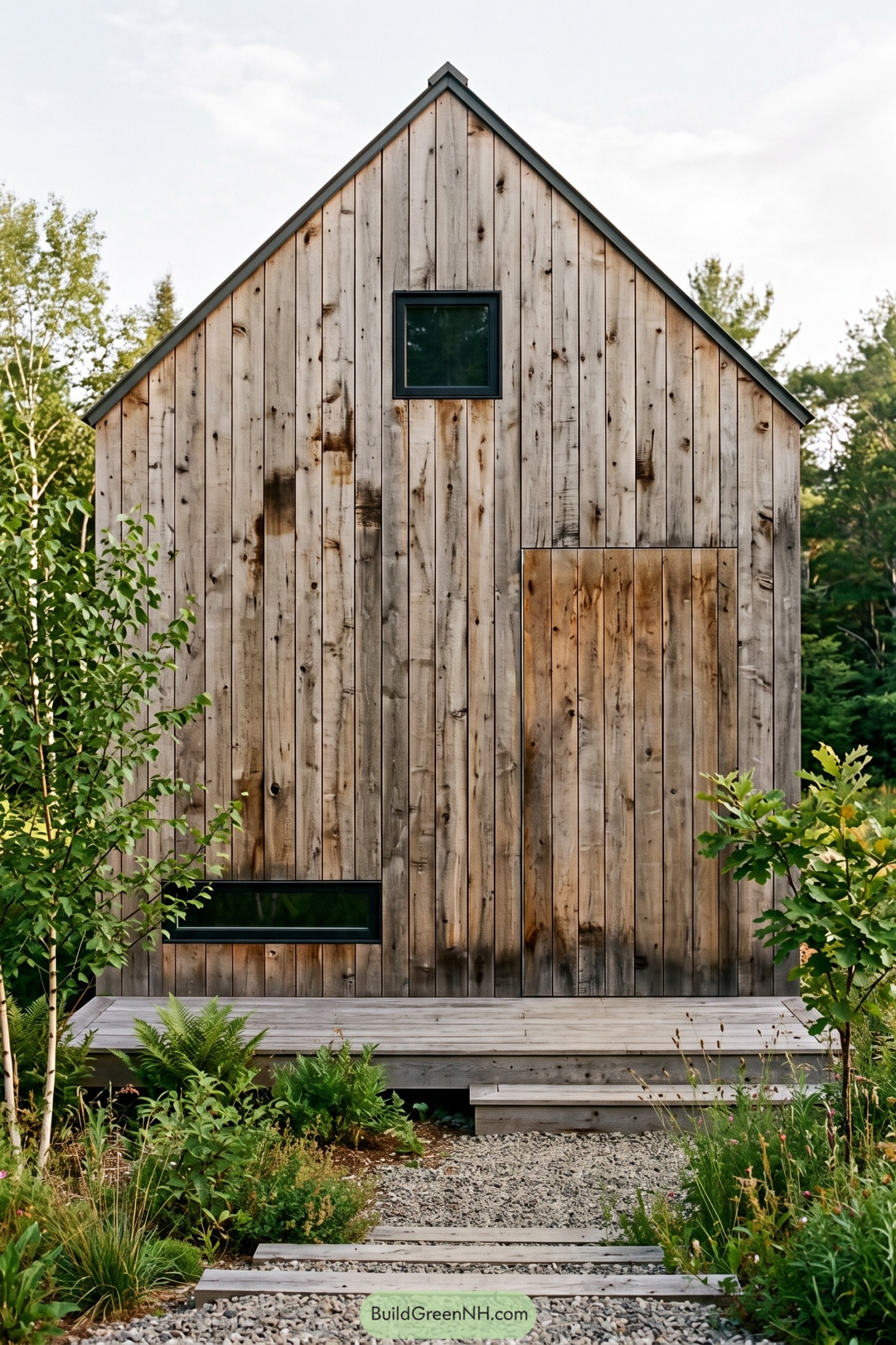Wooden gabled facade with two black framed windows and a concealed door beside a planted gravel path