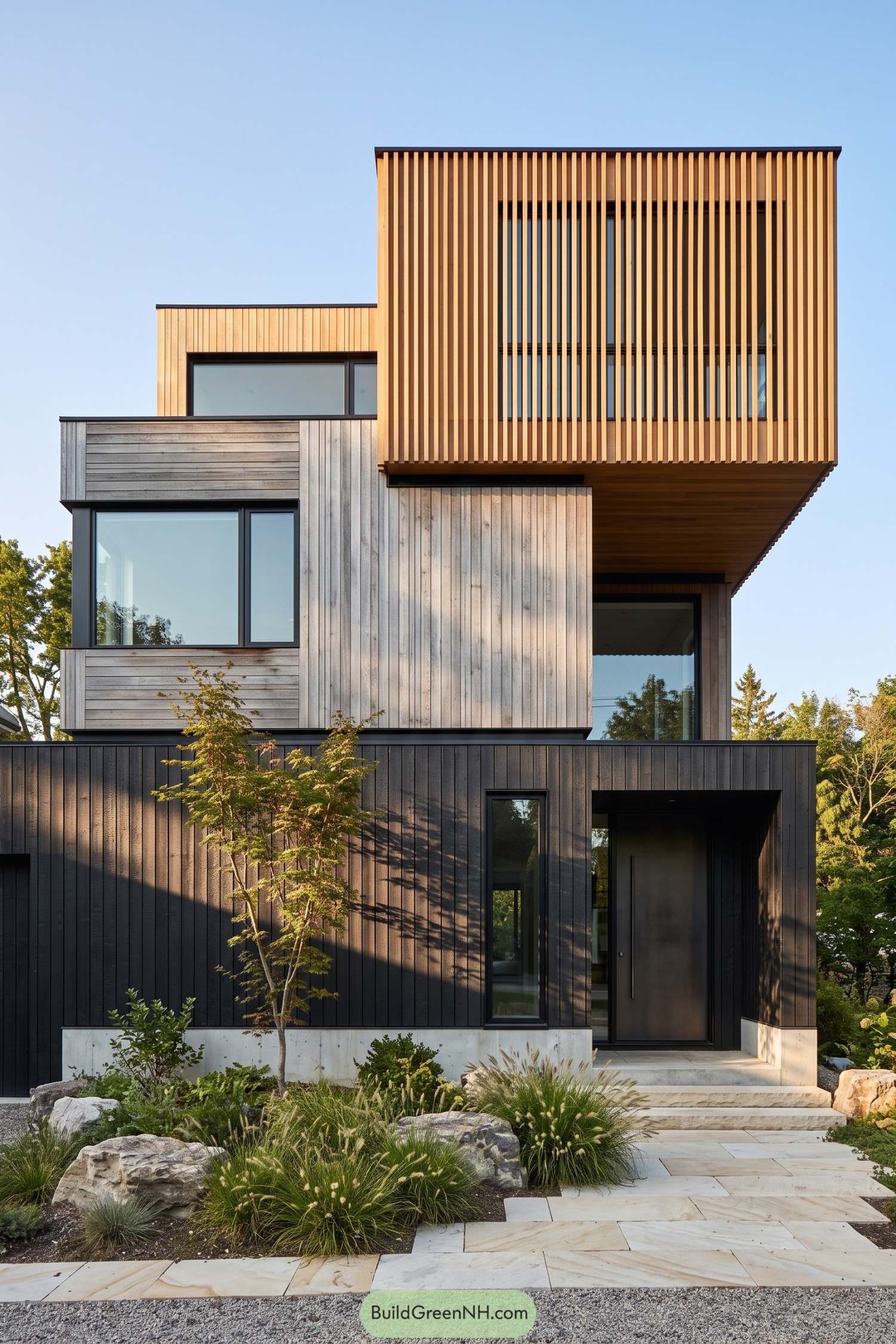 Modern wooden facade with charcoal cladding below silvered boards and a projecting golden timber screen above