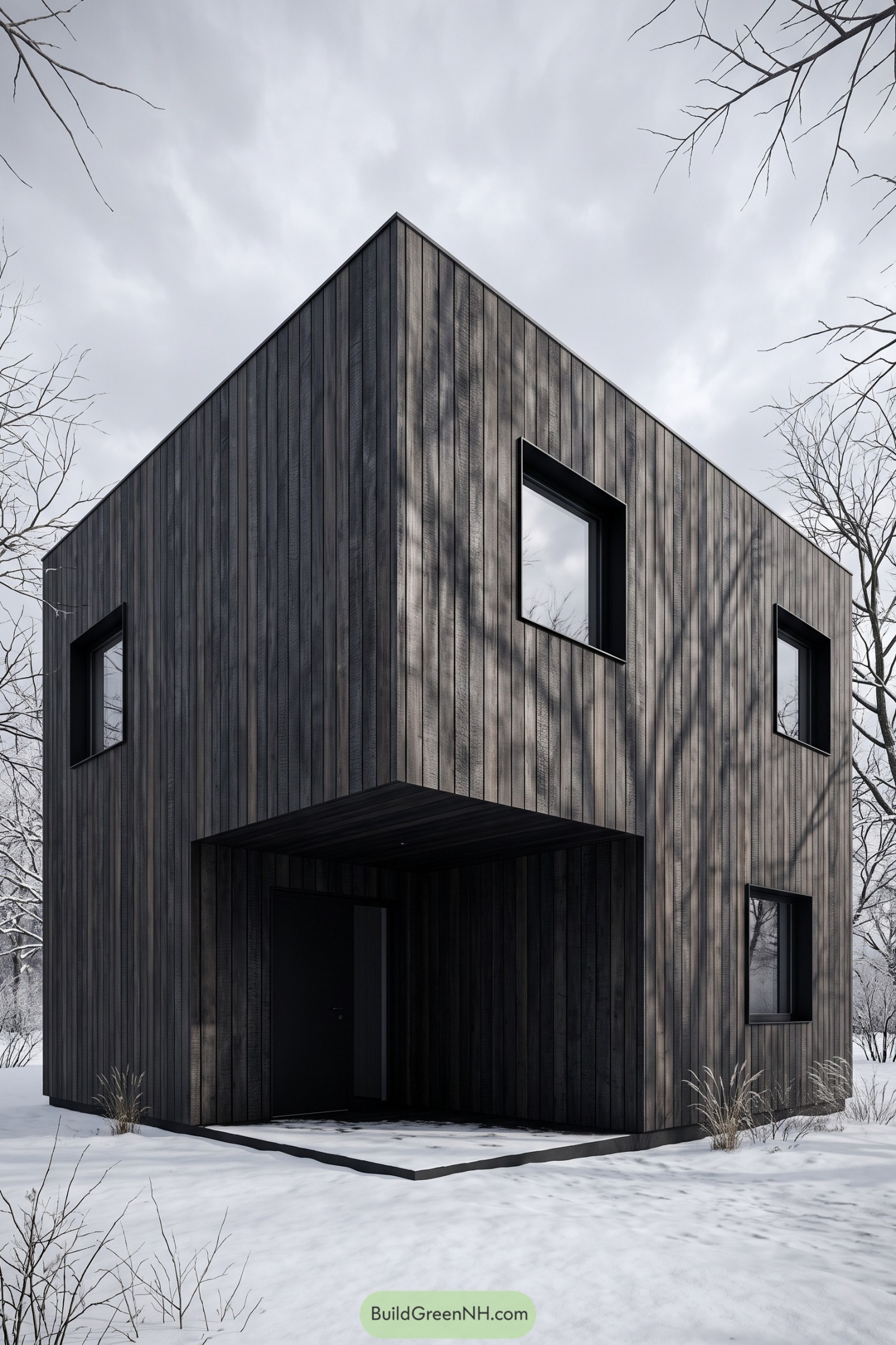 Dark wooden facade with vertical boards, black window frames, and a deeply recessed entrance in snow