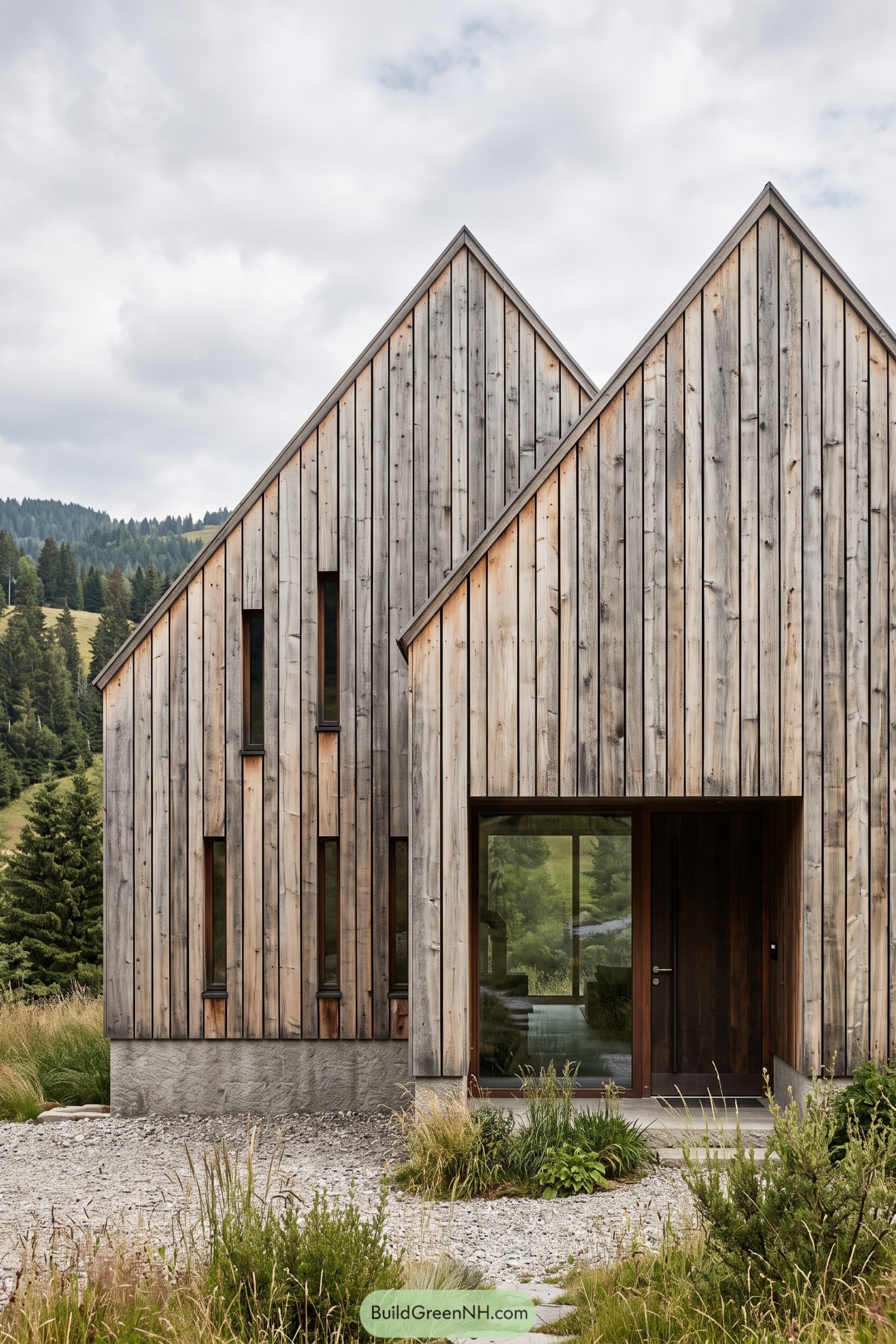 Weathered vertical wood cladding wraps twin peaked facades with narrow windows and a recessed wooden entrance