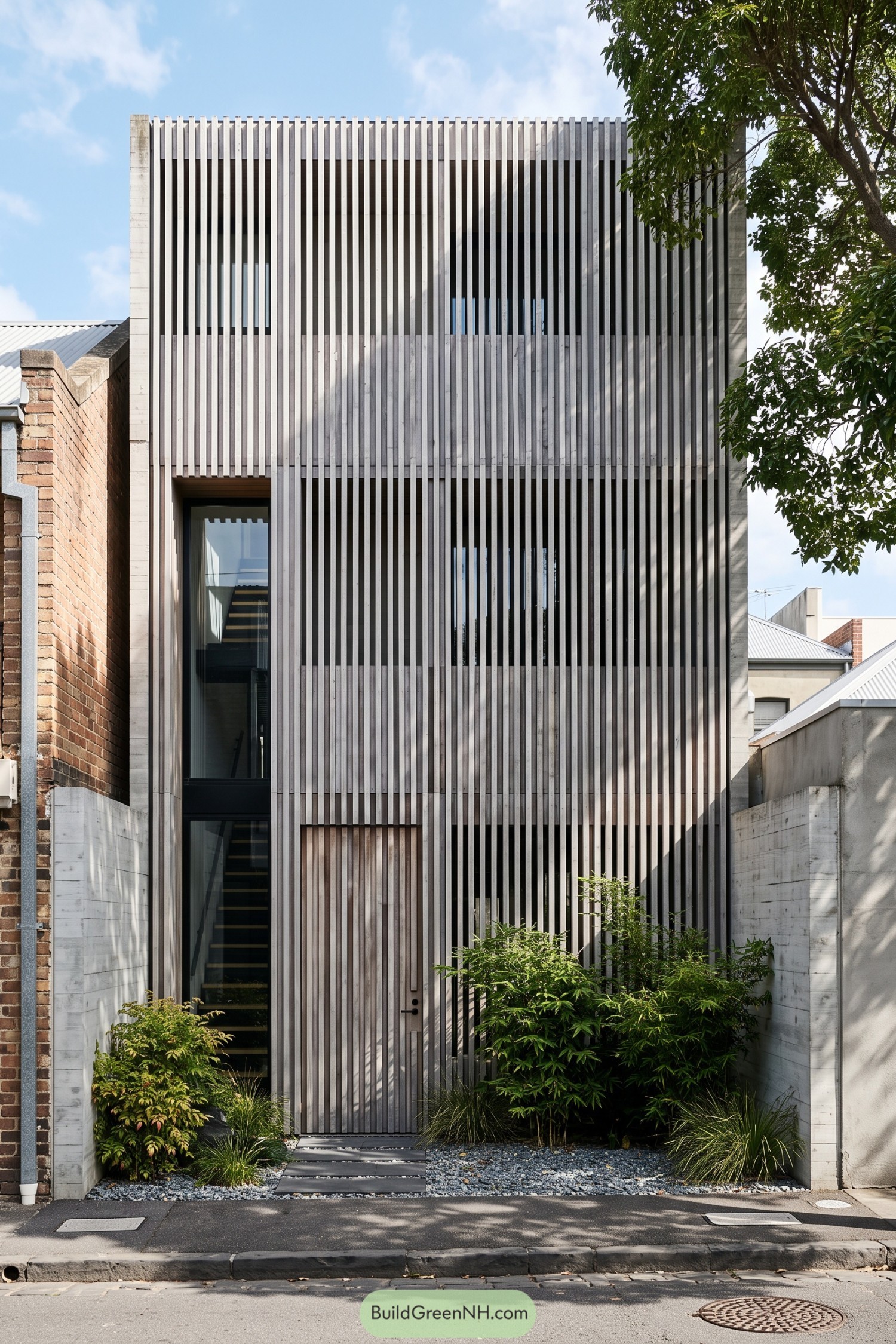 Narrow townhouse with pale vertical timber battens, a concealed wooden door, tall glazing and a planted gravel forecourt