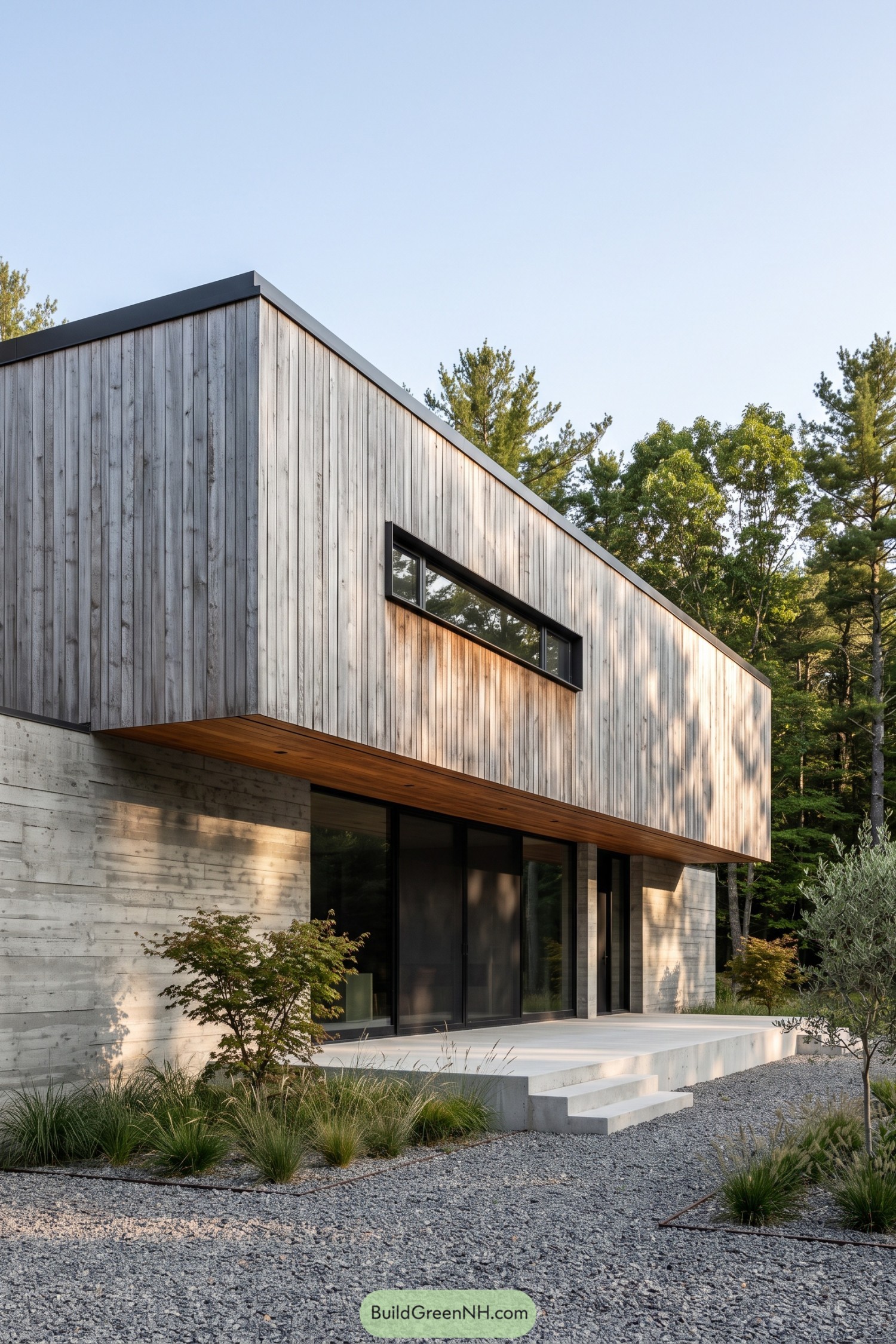 Modern facade with weathered vertical wood cladding above concrete walls and recessed glazing beside a gravel garden