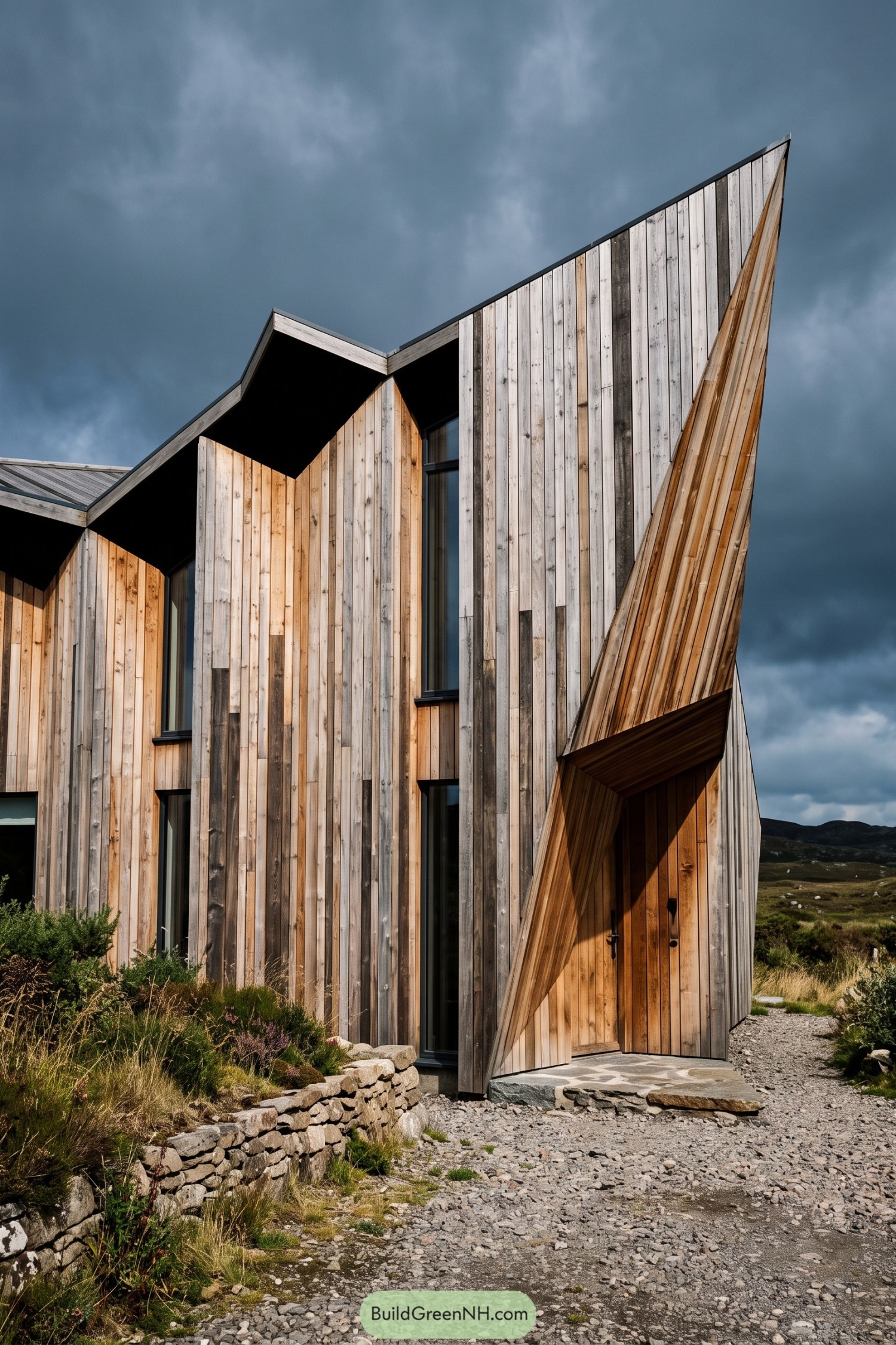 Angular wooden facade with mixed-tone vertical boards, narrow black-framed windows, and a recessed entrance beneath a diagonal timber fold