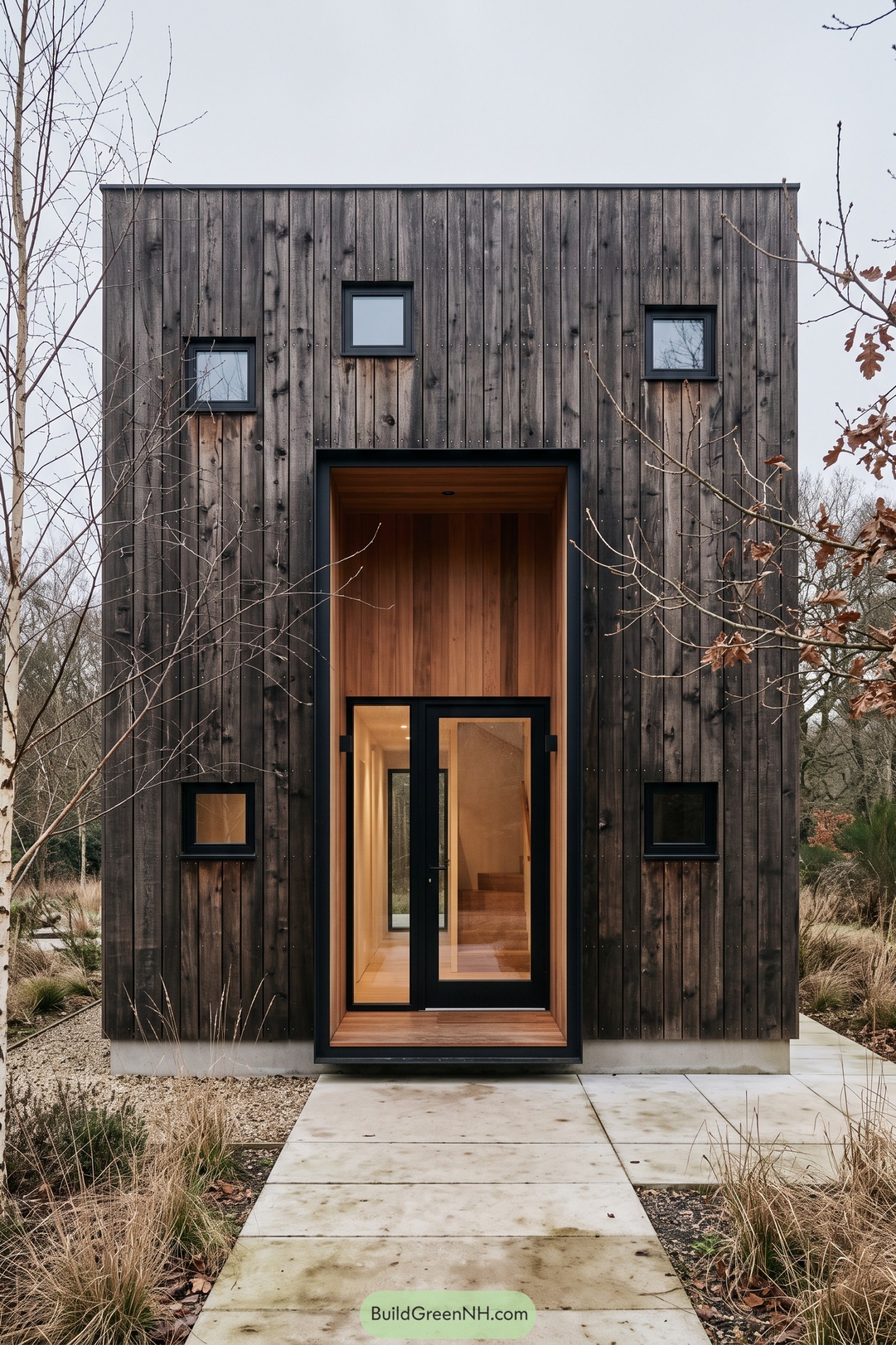 Dark vertical timber facade with five square windows and a tall recessed entrance lined in warm wood