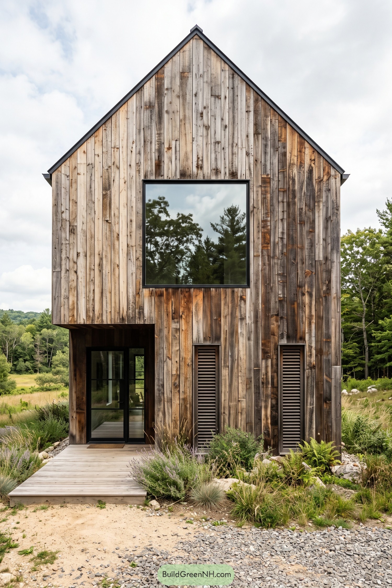 Tall wooden facade with varied vertical boards a large square window and a recessed glass entrance
