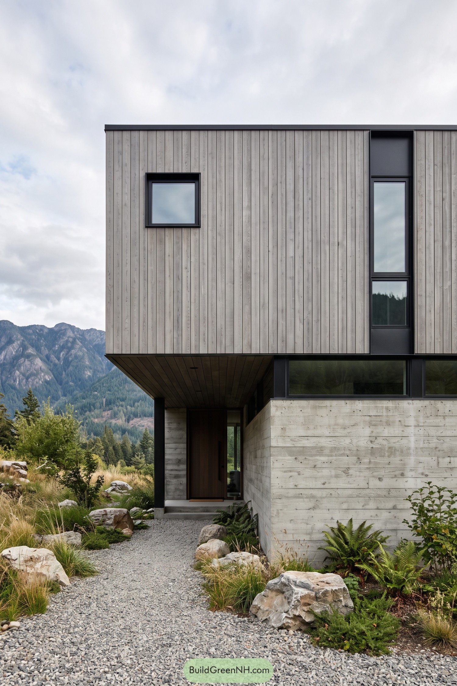 Modern facade with pale vertical wood cladding above concrete walls and a recessed entrance beside a rocky gravel path