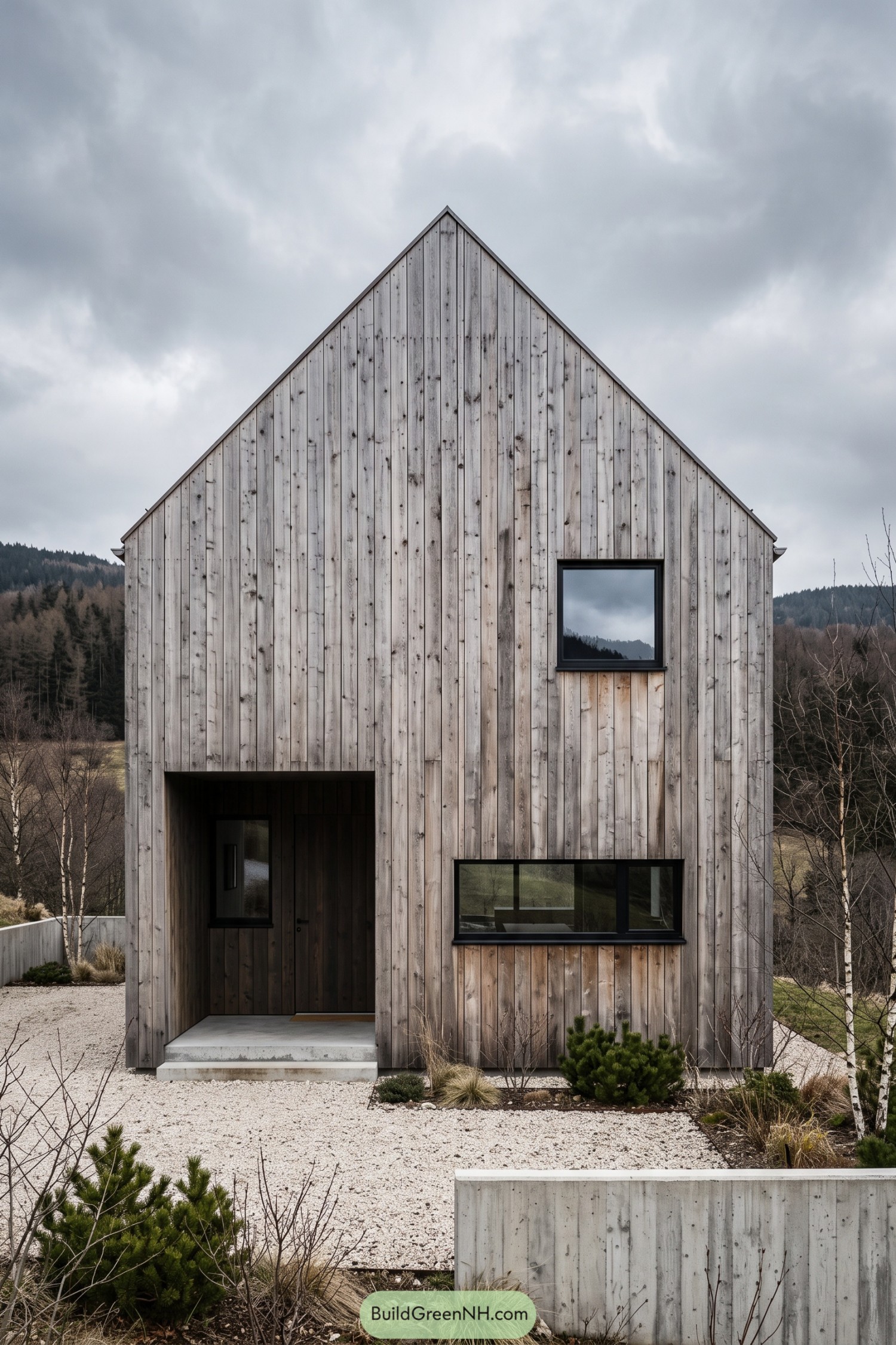 Gabled house with weathered vertical wood cladding, black window frames, and a recessed entrance