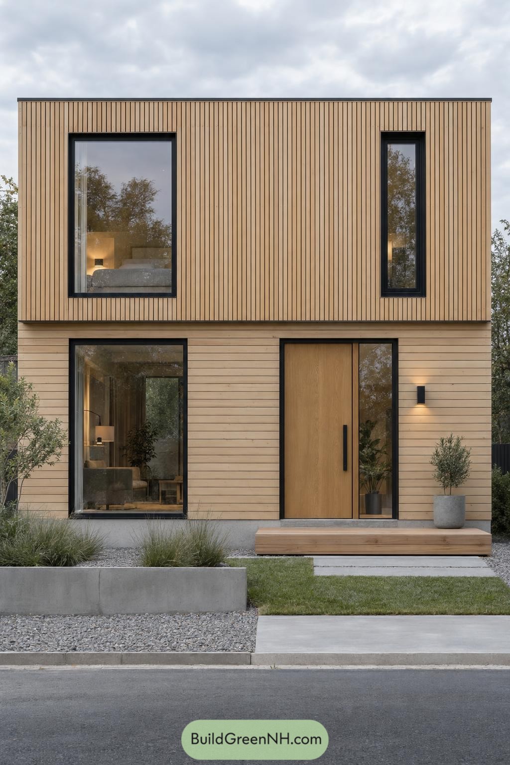 Two story wooden facade with contrasting cladding directions, black window frames, and a broad entrance door beside a glazed sidelight