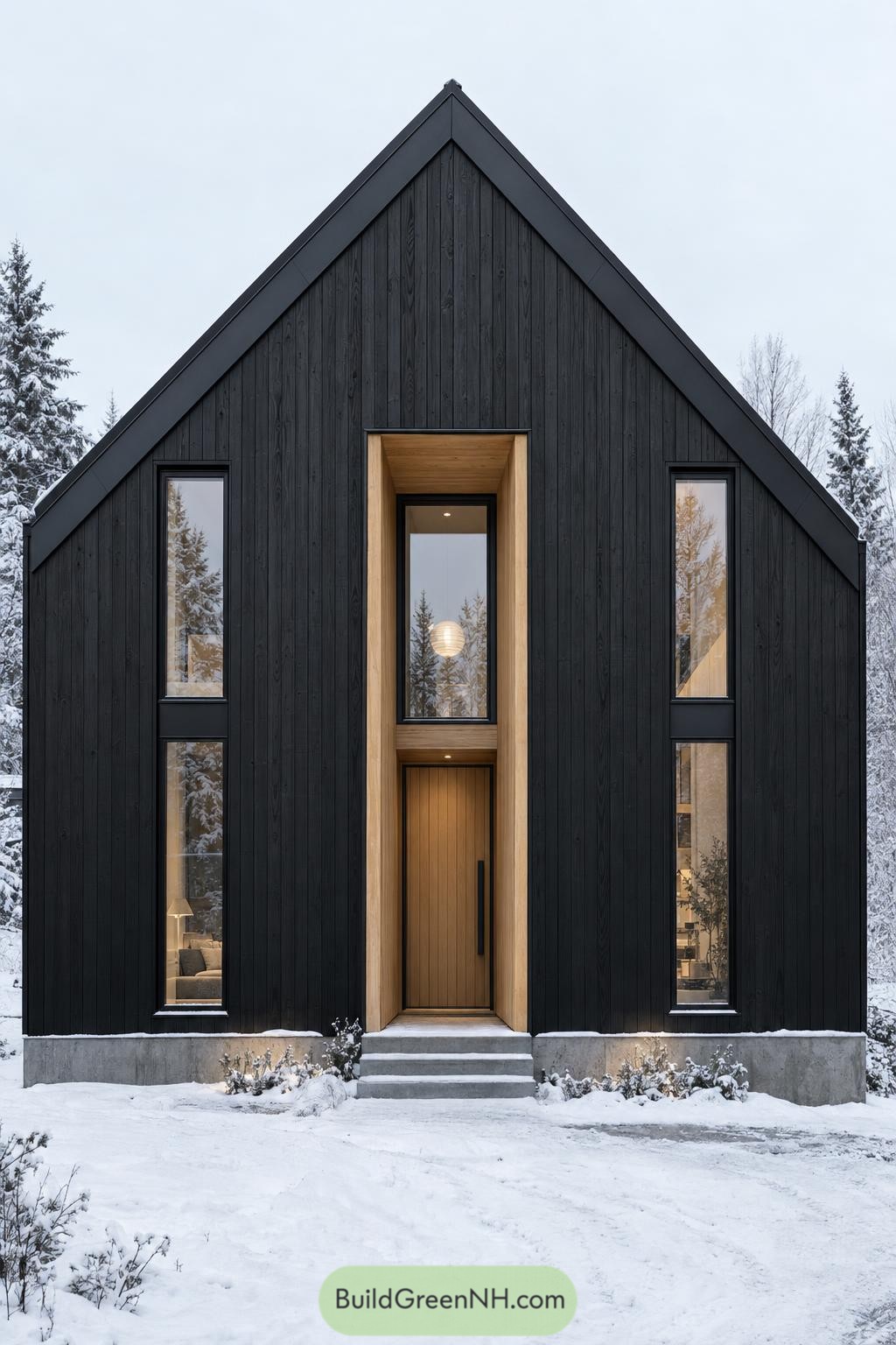 Black timber facade with a steep gable, recessed wooden entrance and tall narrow windows in a snowy setting
